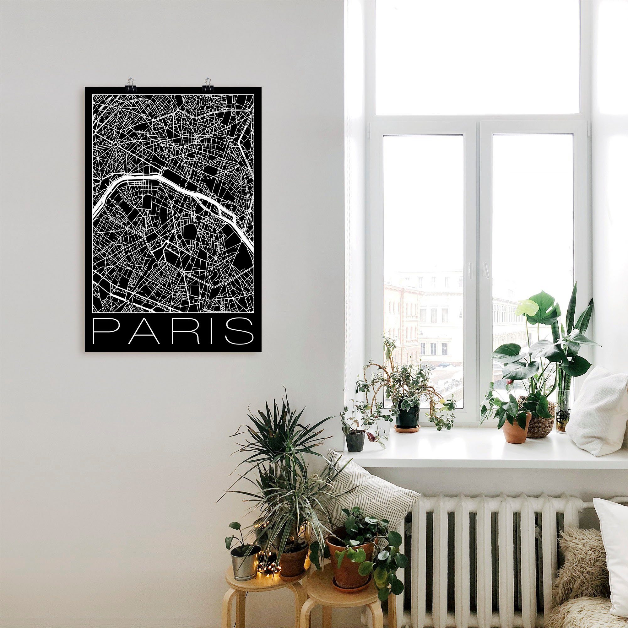 Artland Poster Retro kaart Parijs Frankrijk zwart als artprint van aluminium, artprint op linnen, muursticker of poster in verschillende maten