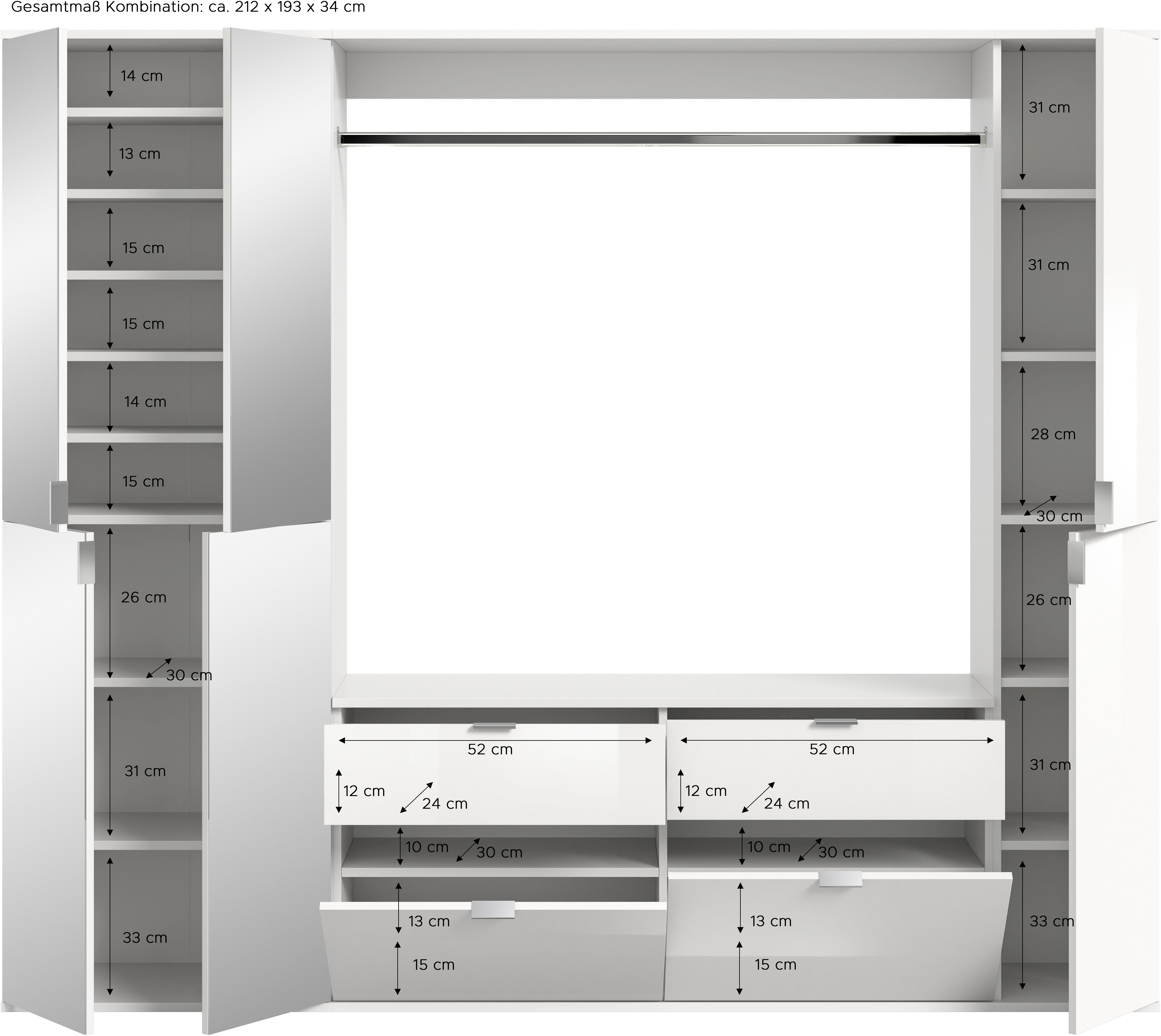INOSIGN Halmeubelset Trondheim, Breedte 212 cm, 5-delig, bestaande uit: 2x garderobekast, 1 commode, 1 kledingstang, 1 legplank (set, 4-delig)