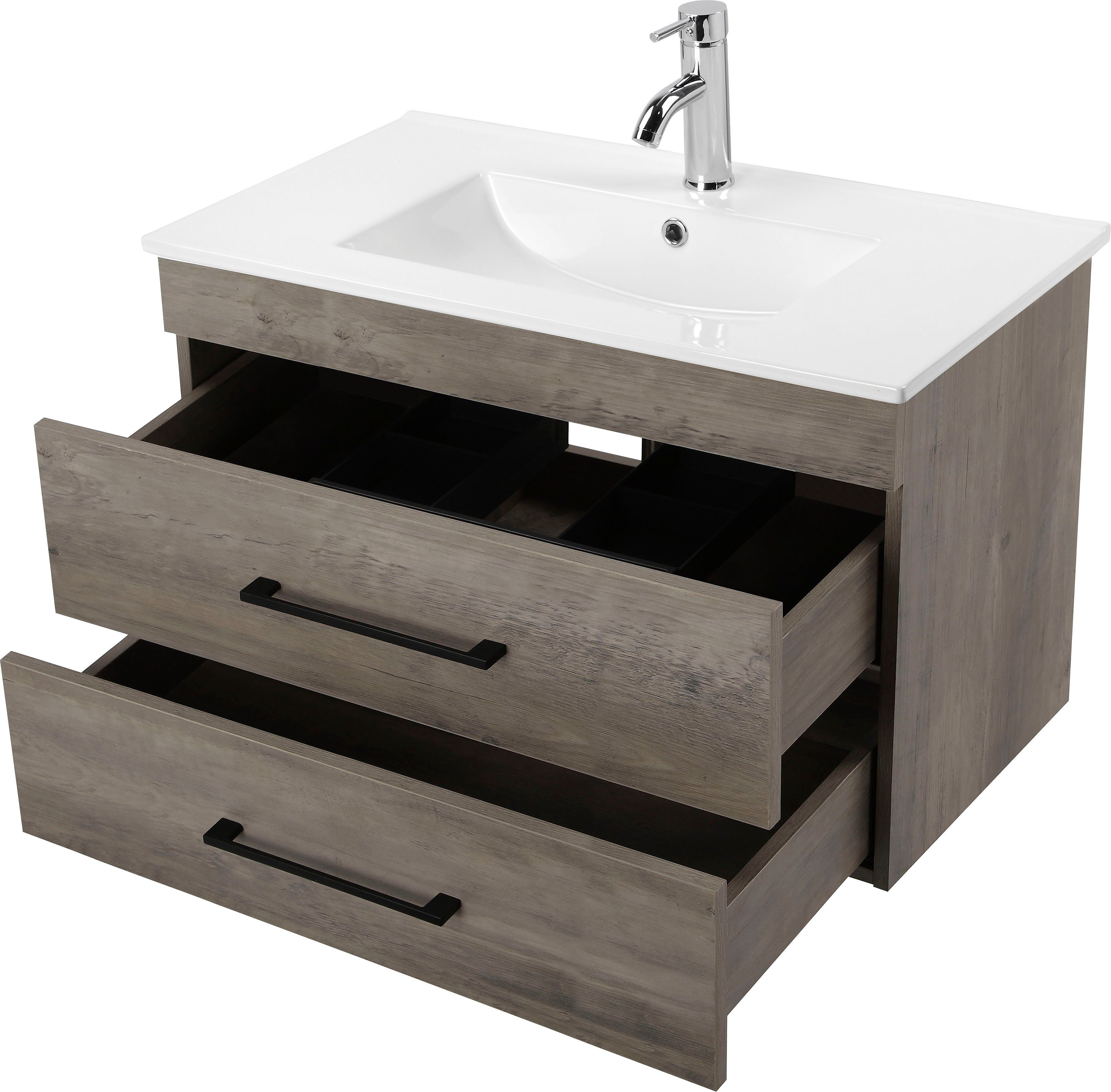 welltime Wastafelonderkast Florence badkamermeubel badkamerkast met wasbak Wastafelmeubel met 2 laden en soft-closesysteem breedte 80 cm