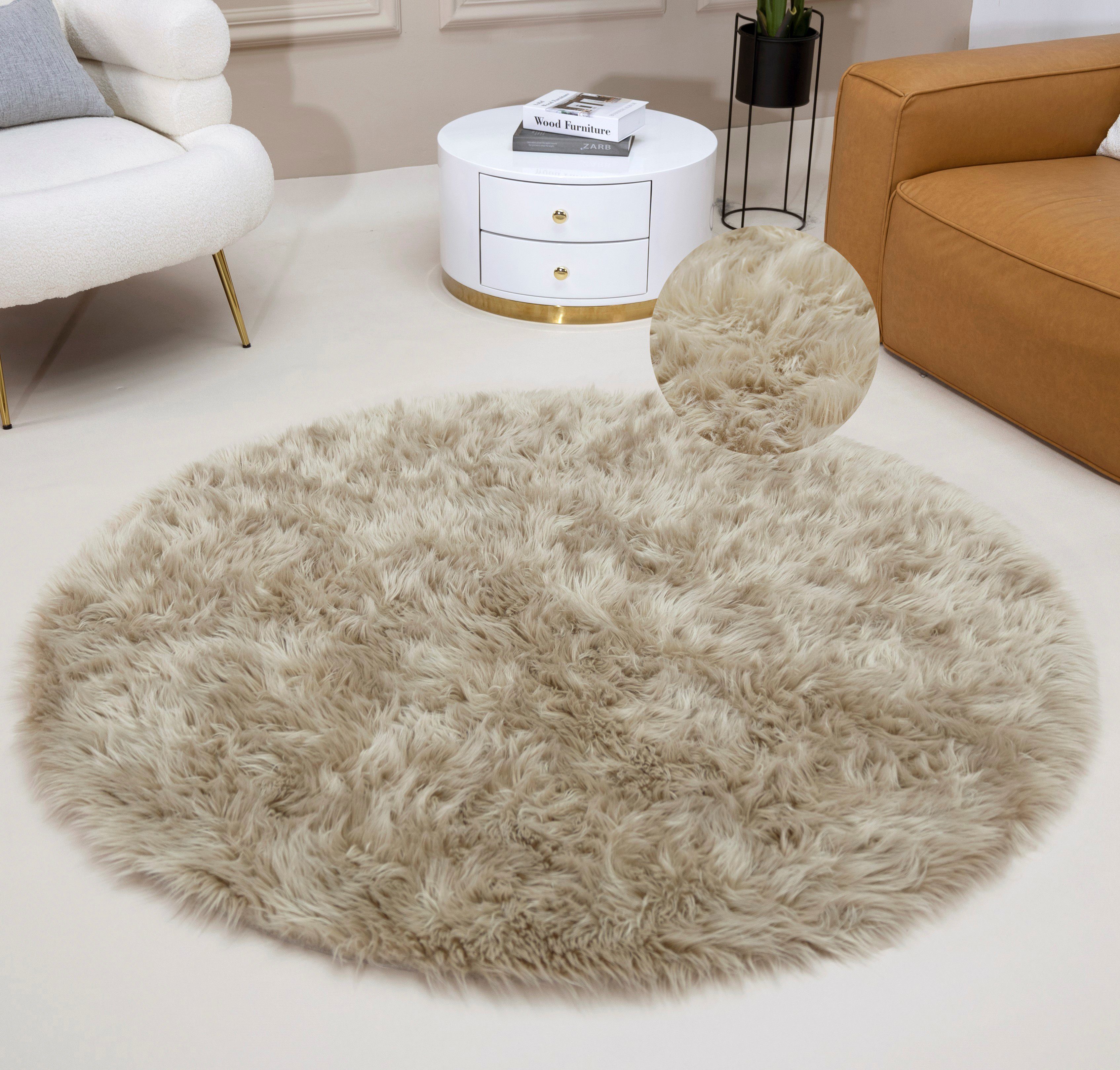 my home Vachtvloerkleed Dena, hoogpolige tapijten Imitatiebont, zacht, unikleuren, woonkamer, slaapkamer, eetkamer dieren vloerkleden maat Ø 180 cm x