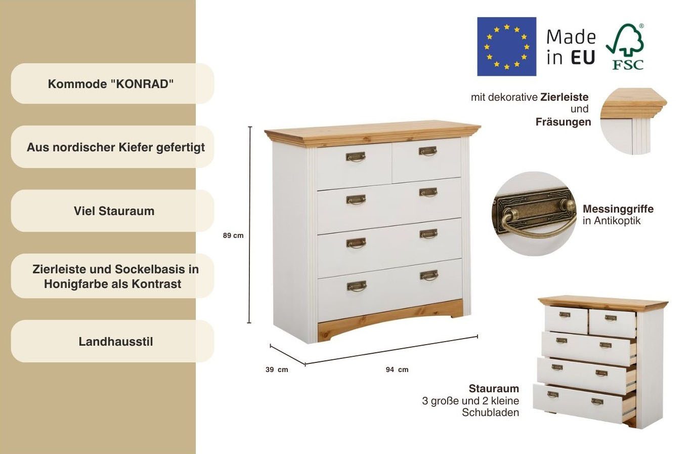Home affaire Ladekast Konrad Breedte 94 cm, van massief, FSC®-gecertificeerd dennenhout