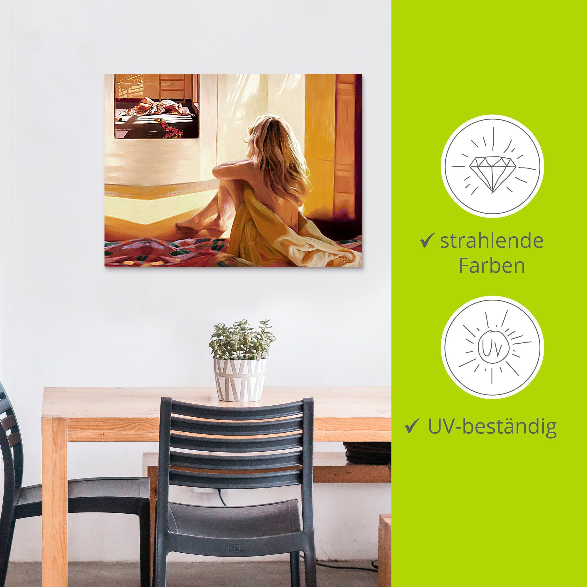 Artland Artprint Blond meisje zit op het bed als artprint van aluminium, artprint voor buiten, artprint op linnen in verschillende maten