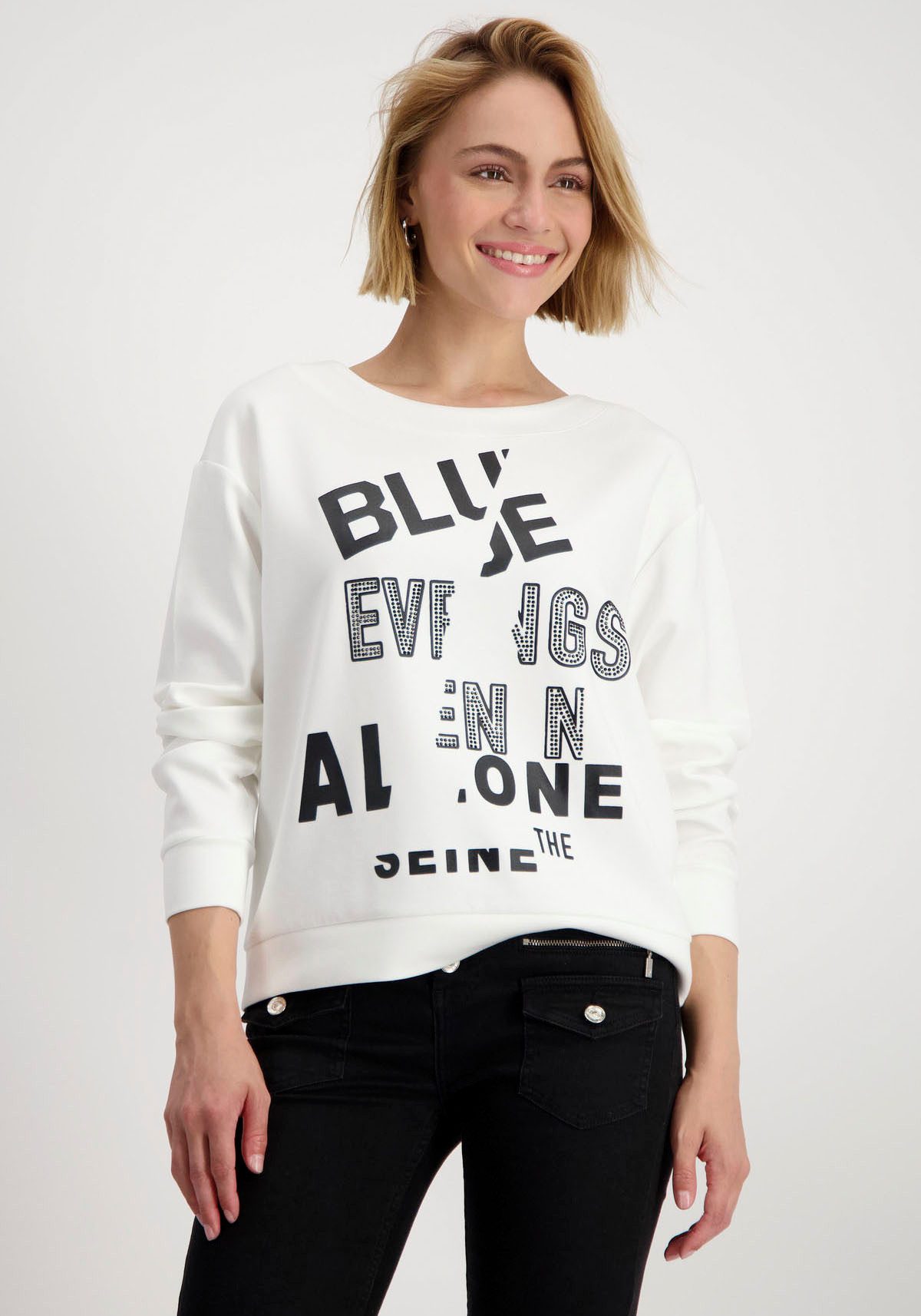 Monari Sweatshirt tekst U-boot halslijn, verlengde achterkant, print, strassstenen