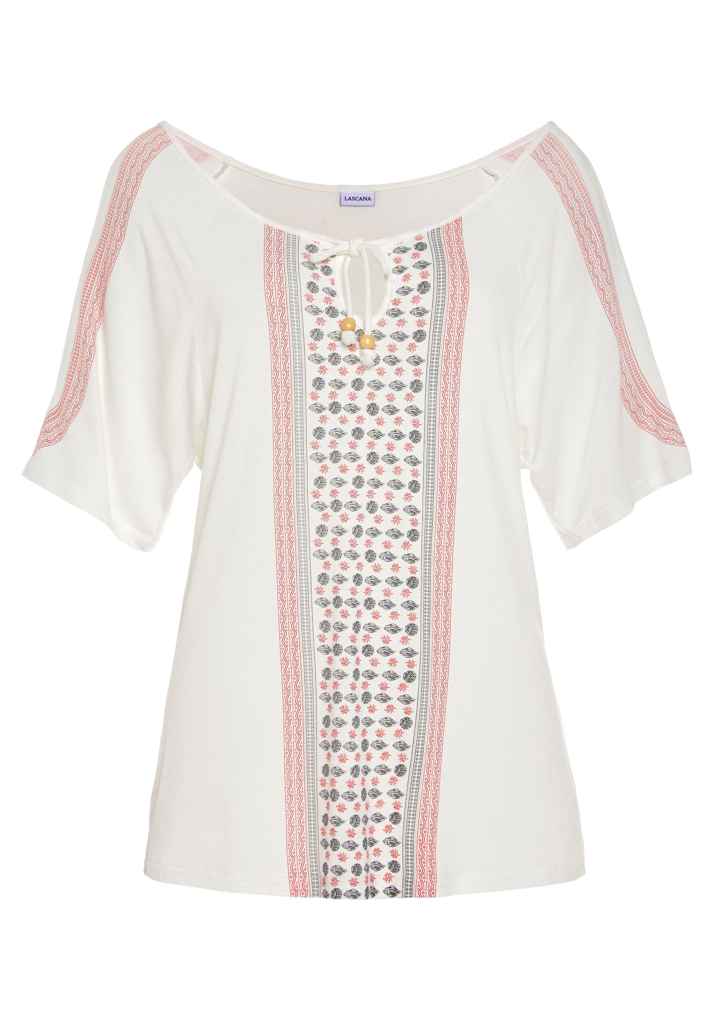Lascana Shirt met korte mouwen met print en striklint overhemdblouse los en luchtig
