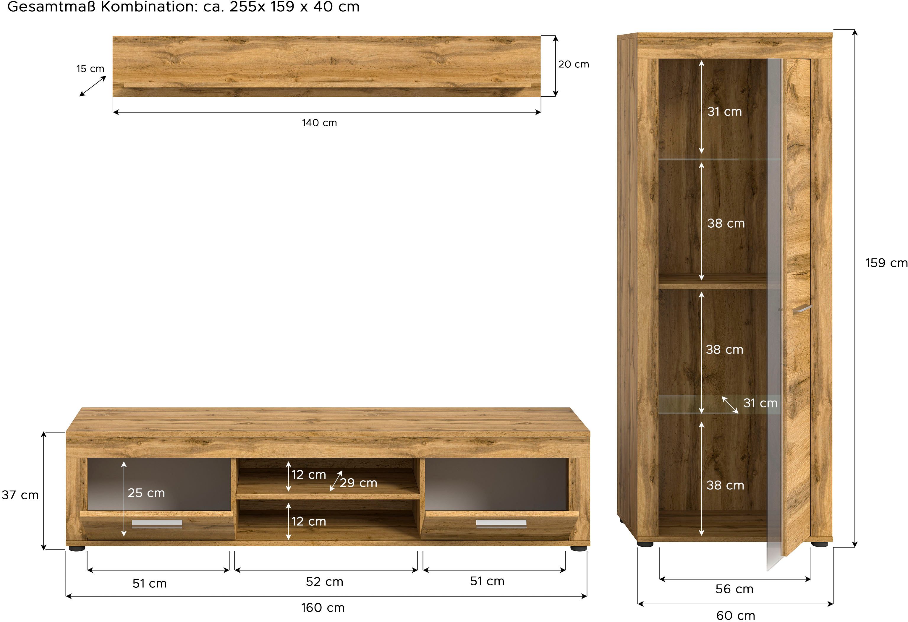 INOSIGN Wandmeubel Aosta, Breedte 235cm, bestaand uit Lowboard, Wandplank, Vitrine Woonwand, combinatie, opbouwwand, meubelset, kastwand, meubelcombi (3-delig)