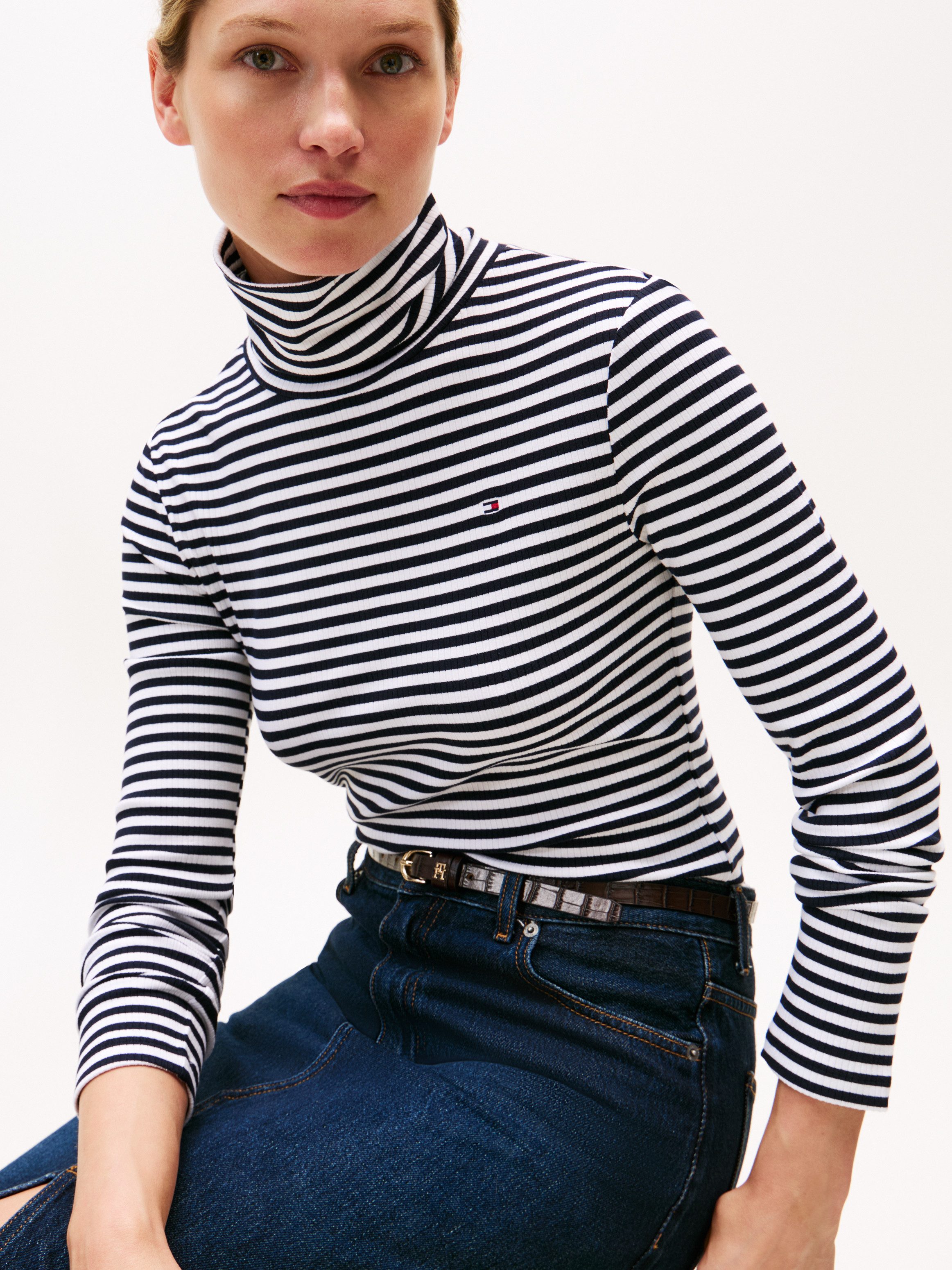 Tommy Hilfiger Shirt met lange mouwen SLIM 5X2 RIB ROLL-NK LS in een geribde structuur