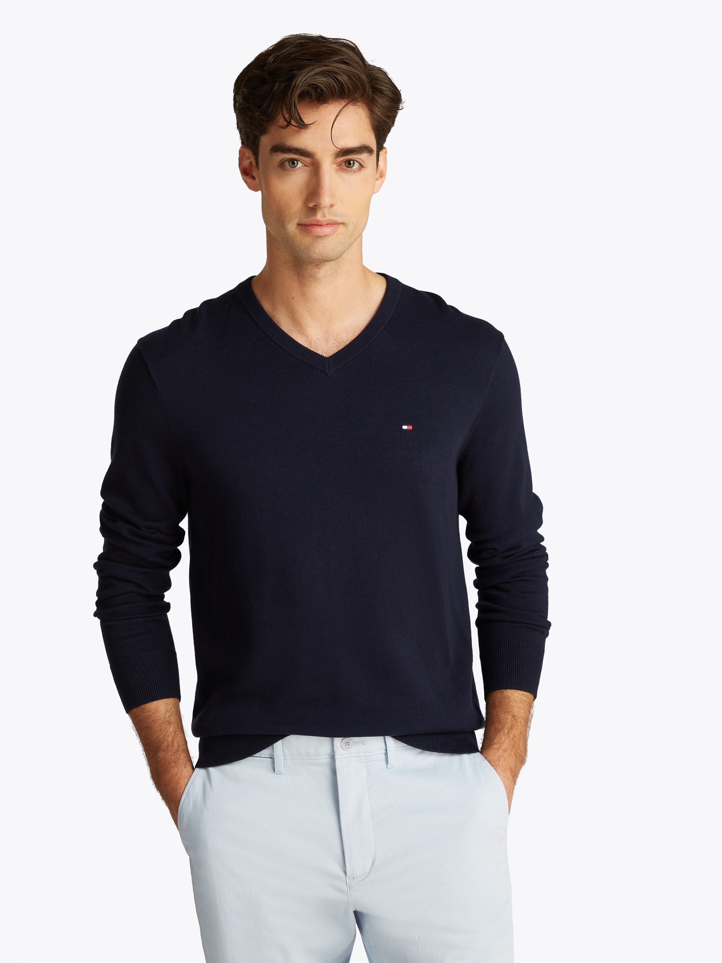 Tommy Hilfiger Gebreide trui ESSENTIAL COTTON V NECK heren pullovers maat XXXL blauw