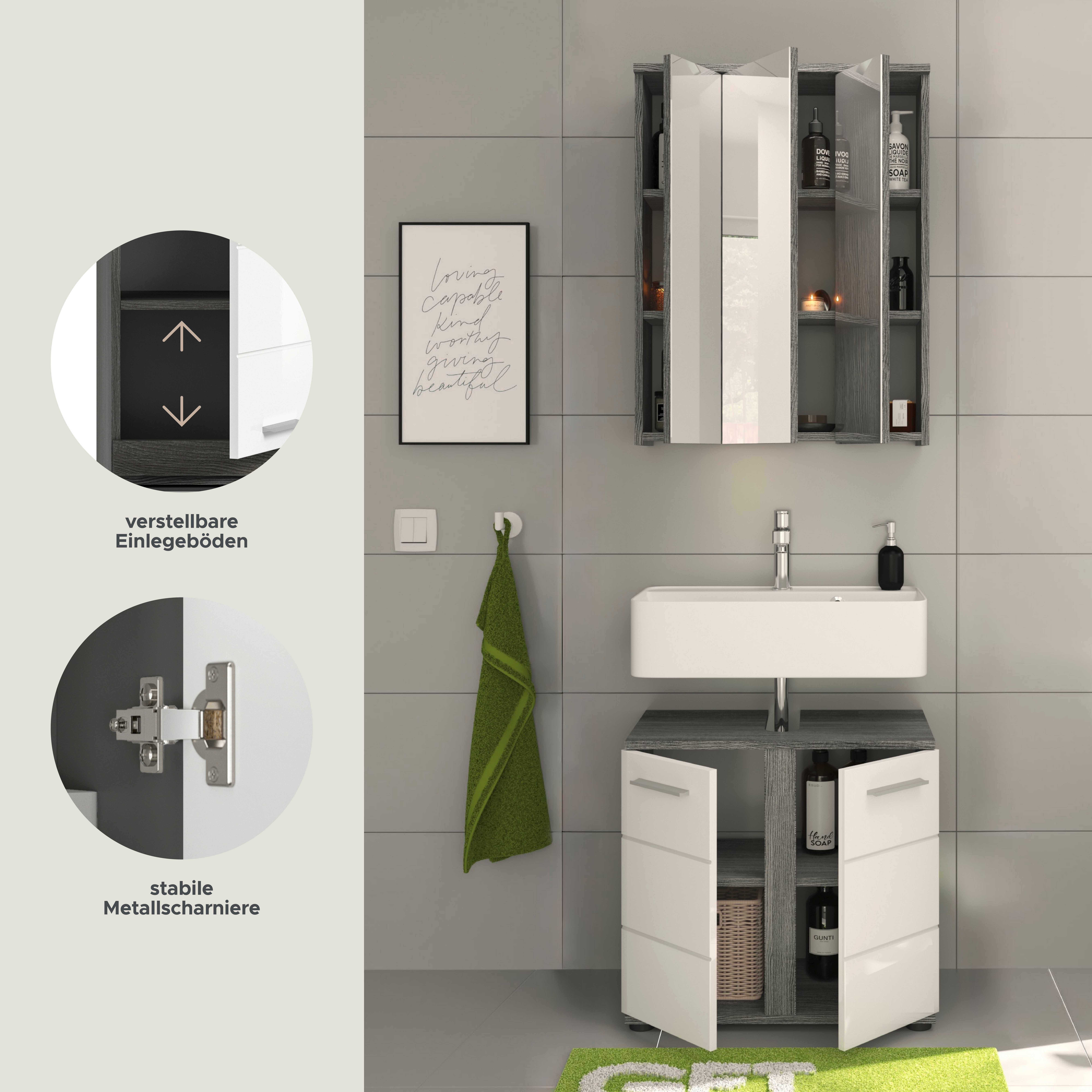 welltime Badkamerserie LUCCA, 2-delig, TOPSELLER!, wastafelonderkast, spiegelkast hoogwaardige mdf front, badkamermeubels, combinatie, combi, badkamer (set, 2-delig)