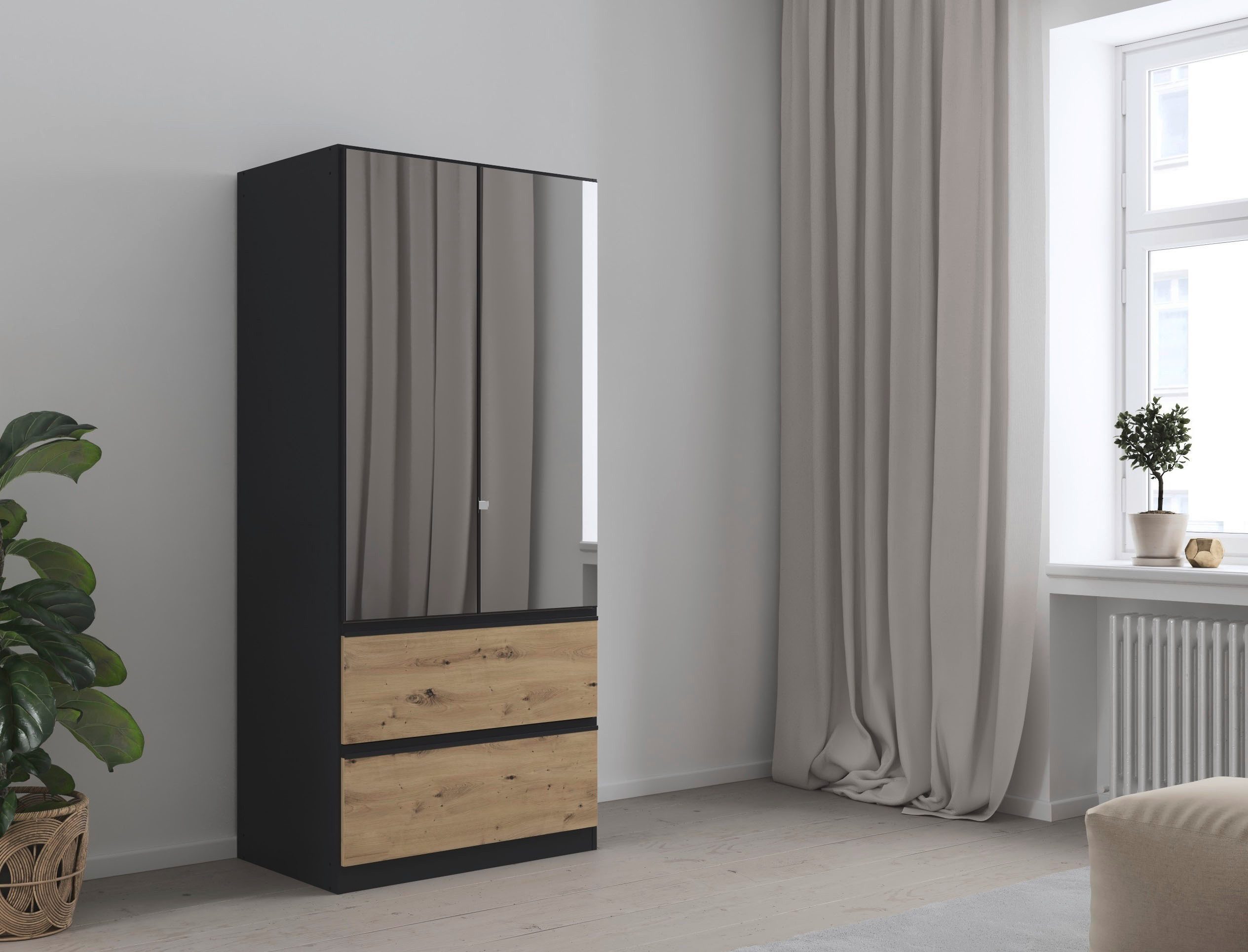 rauch Draaideurkast Kledingkast Kast Garderobe Wasmand COSTA in 3 Breedtes met spiegel, greeploos front en push-to-open functie made in germany