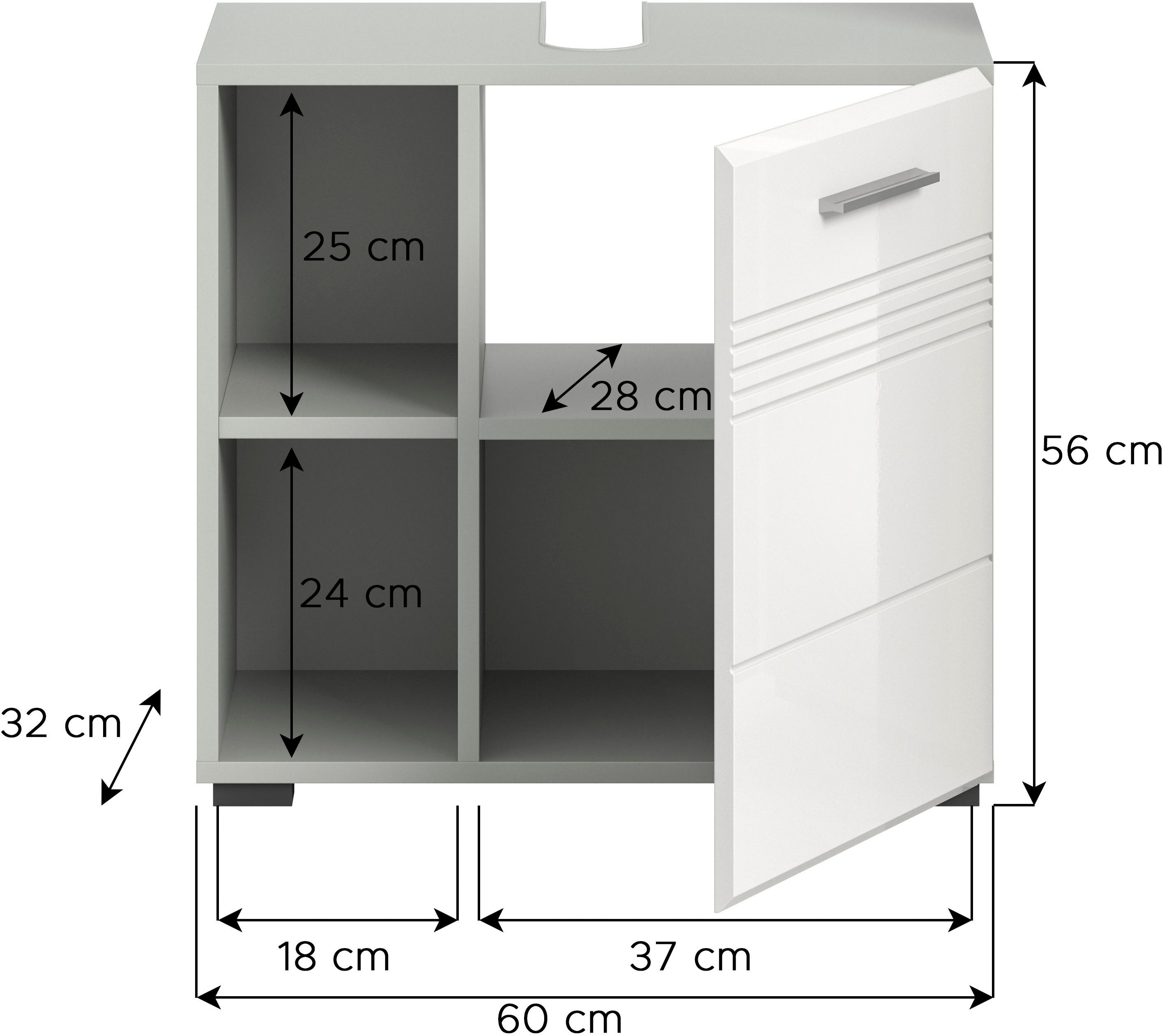 welltime Wastafelonderkast Calcio, breedte 60 cm, 1 deur, 2 planken, 2 open vakken gesplitste achterwand, mdf voorkant, badkast, badmeubels, badkamer