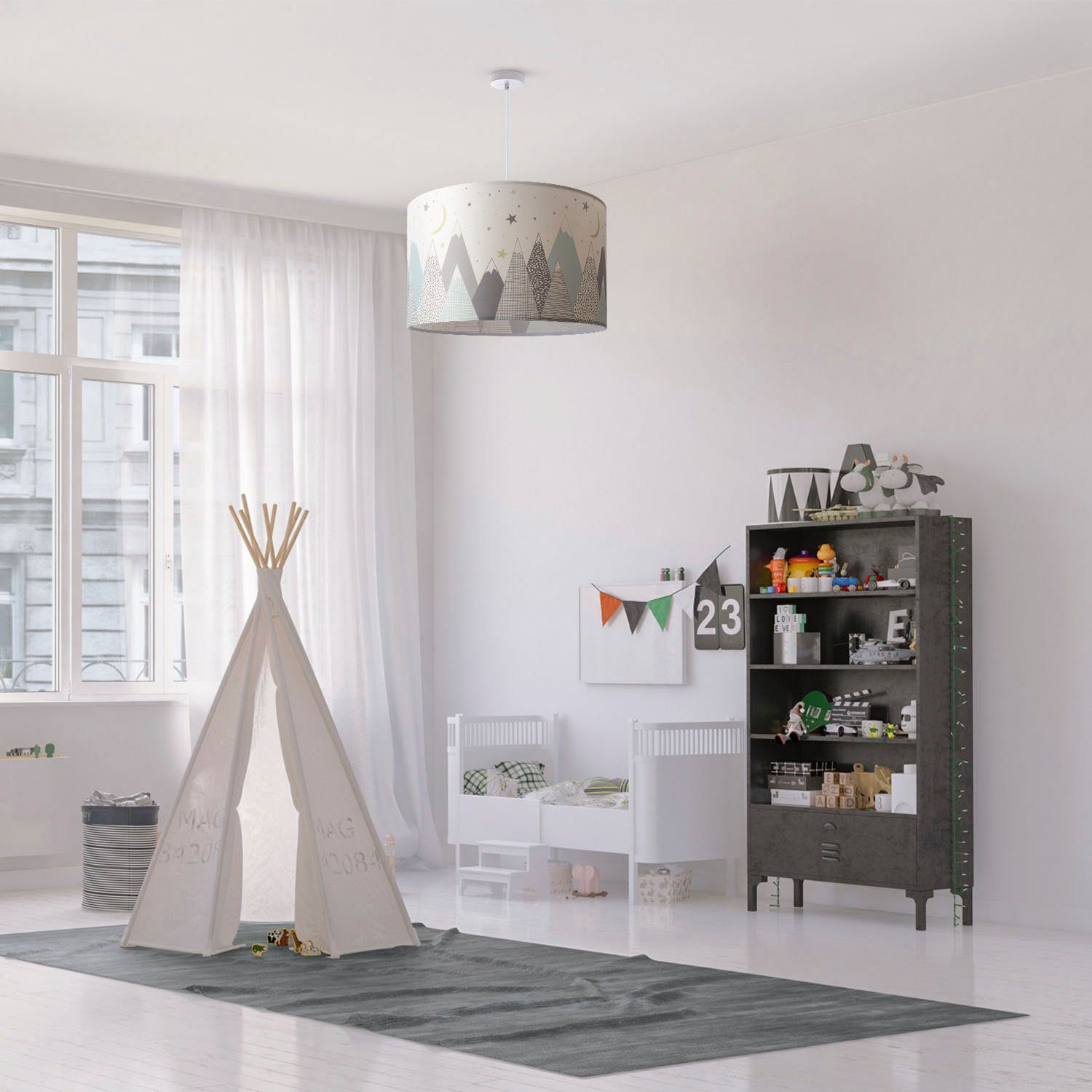 Paco Home Hanglamp Hugo Cosmo Pendellamp kinderkamer aan plafond stof lampenkap rond bergen sterren