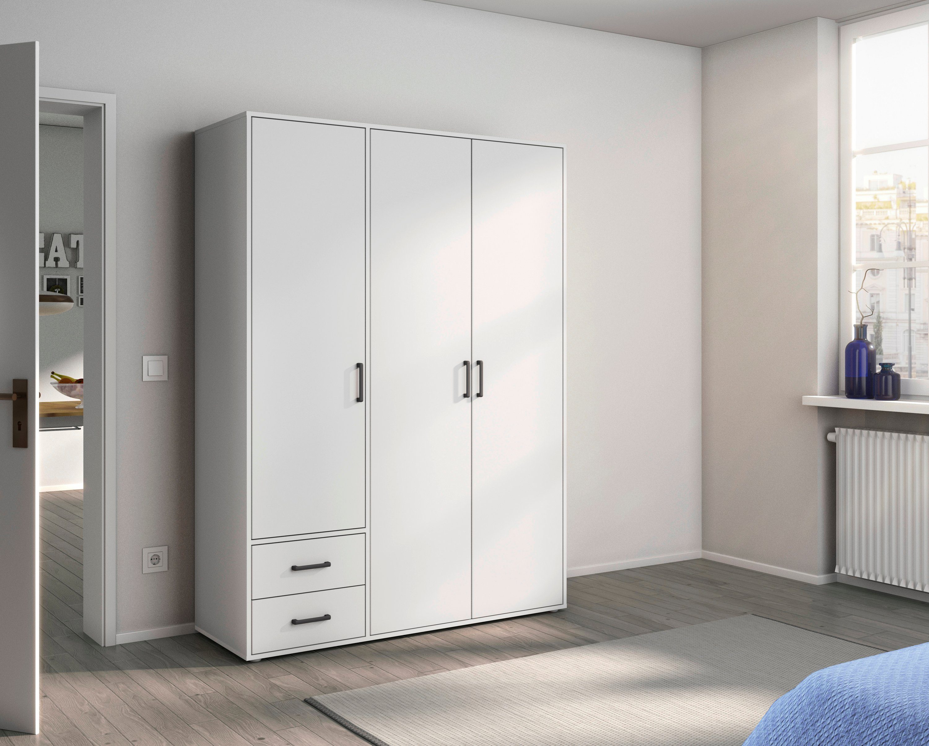 rauch Draaideurkast Voyager, kledingkast met buitenladen, garderobe moderne grepen in grijs metallic met buitenlades made in germany
