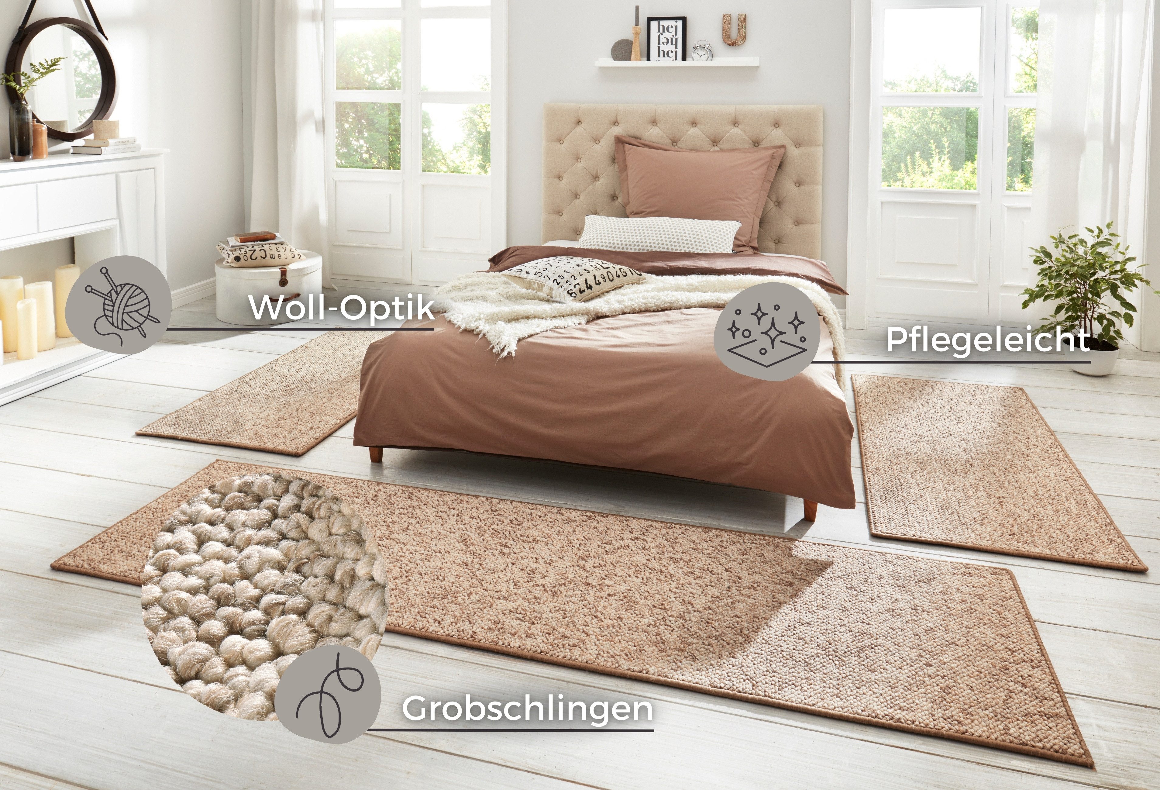 HANSE Home Set slaapkamerkleedjes Wolly 2 Slaapkamerkleed, 3-delige loper set, unikleur, korte pool, bedloper