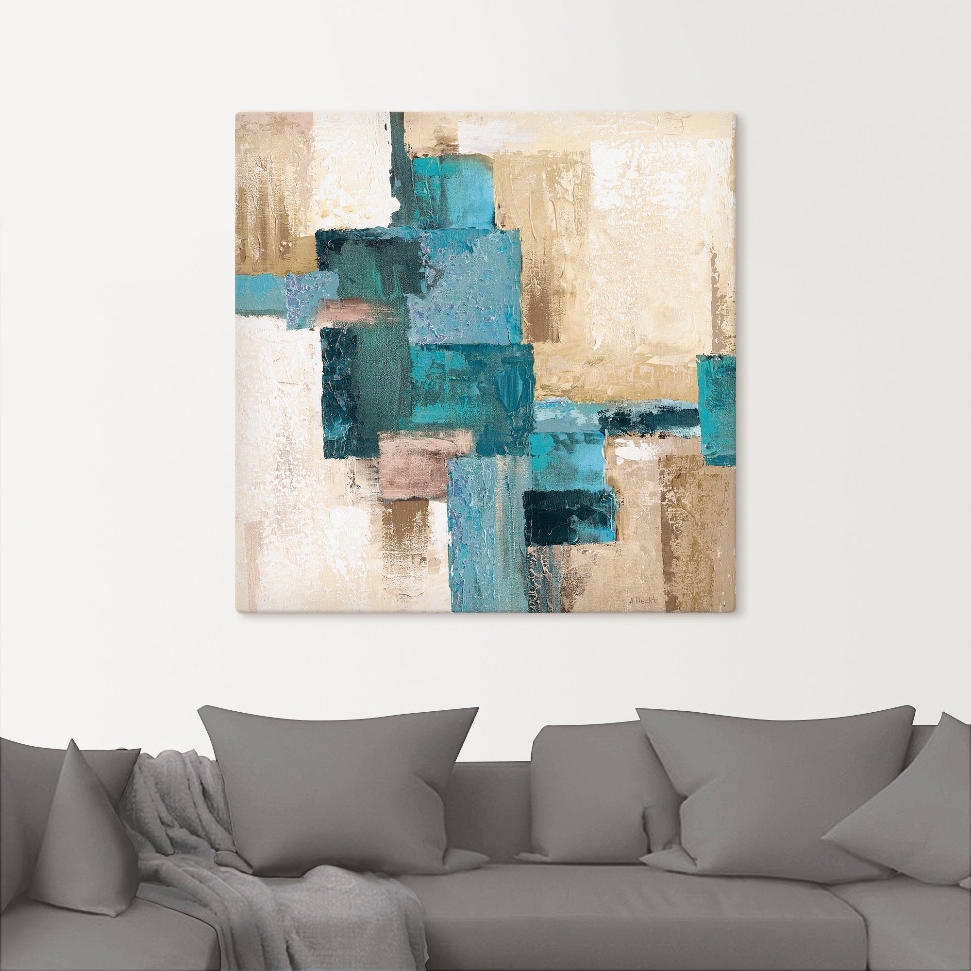 Artland Artprint Abstracte ruiten beige-turquoise als artprint van aluminium, artprint voor buiten, artprint op linnen, poster in verschillende maten. maten