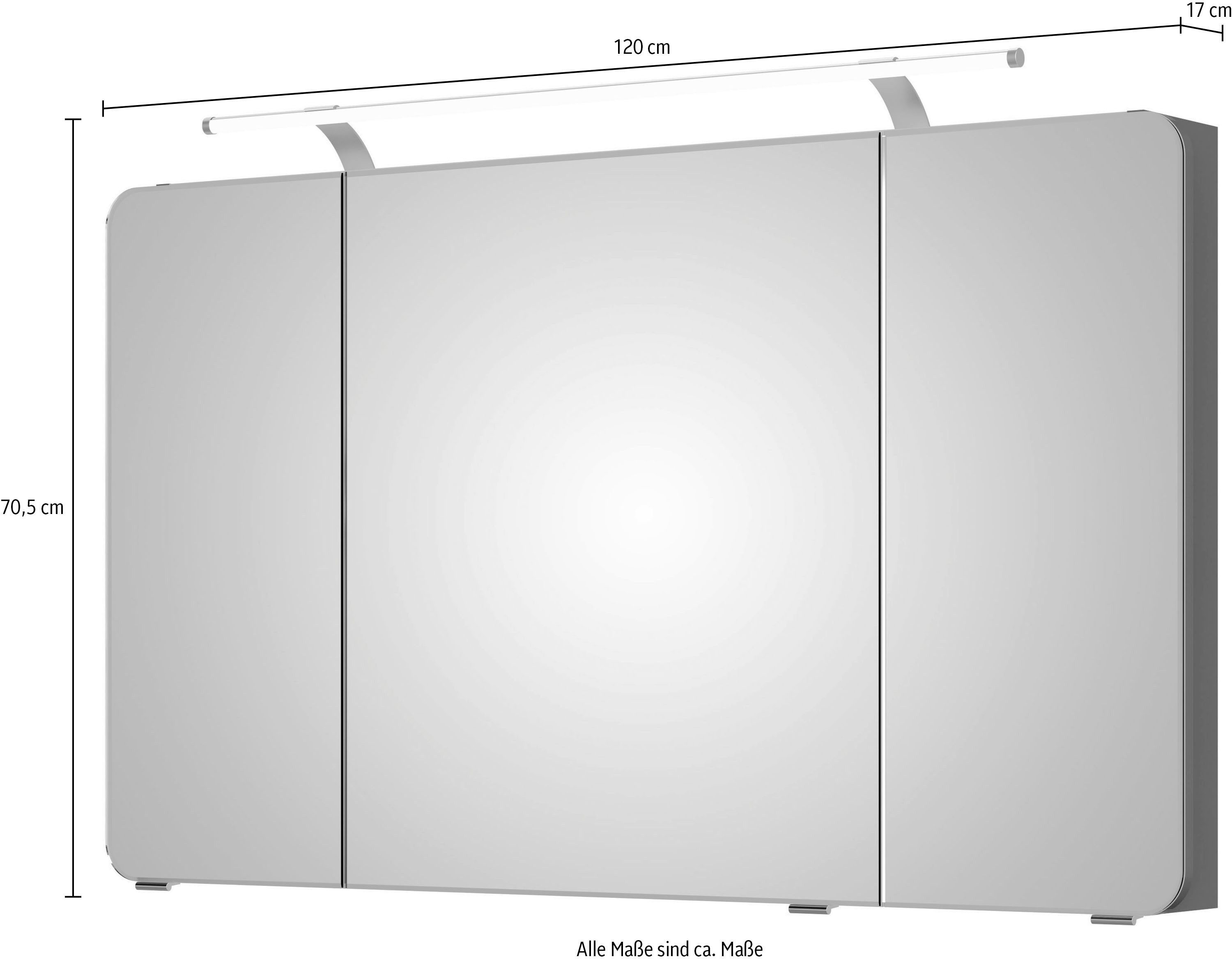 Saphir Spiegelkast Serie 4005 badkamer spiegelkast incl. LED-opbouwlamp Badkast 120 cm breed, 3 deuren, 6 glazen legplanken, incl. deurdemper