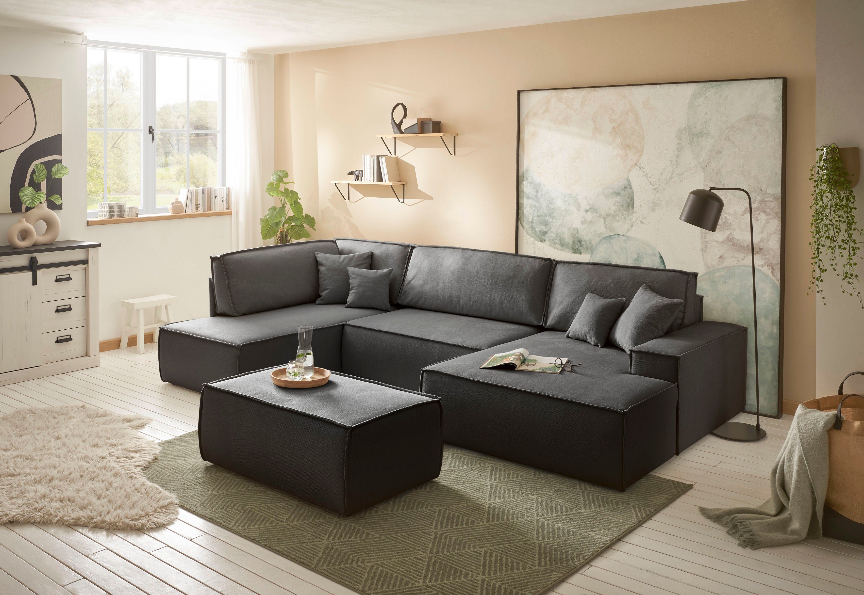 andas Zithoek FINNLEY U-model XXL 329 cm, bedbank, slaapfunctie m. bedkist