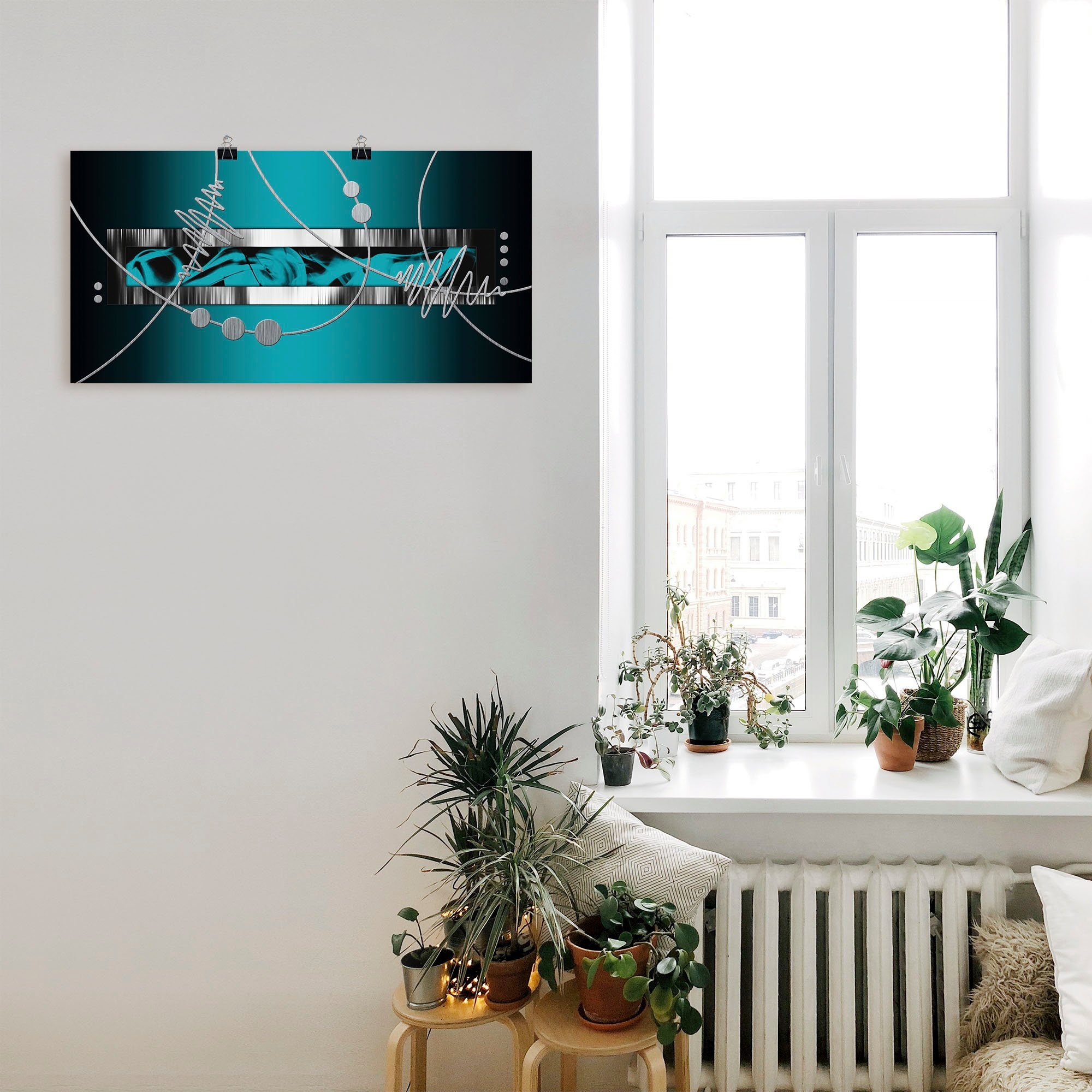 Artland Artprint Zilverkleur abstract op petrol als artprint van aluminium, artprint voor buiten, artprint op linnen, poster, muursticker