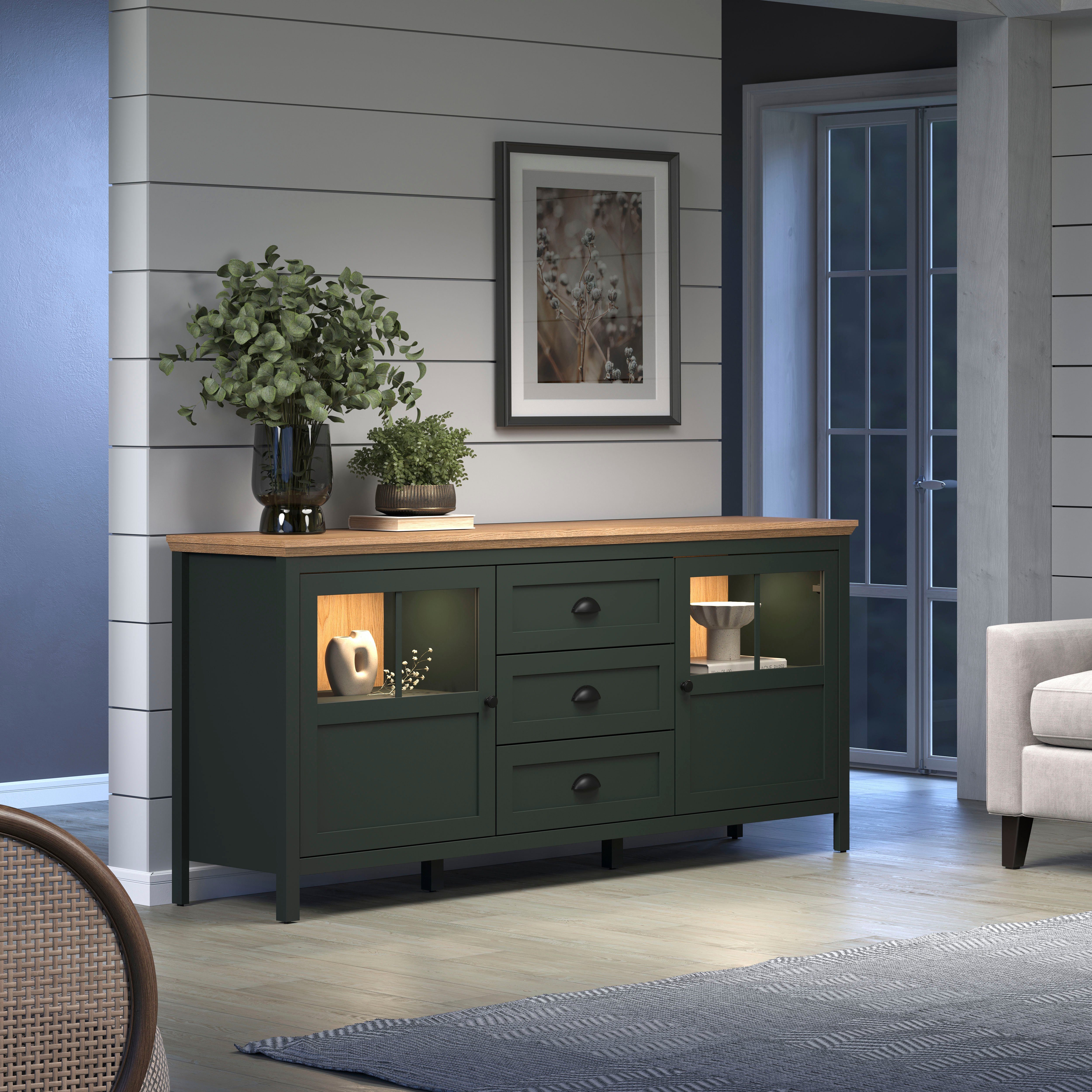 Home affaire Dressoir Vienna Commode in landhuisstijl met schelpenhandgrepen en glazen deuren