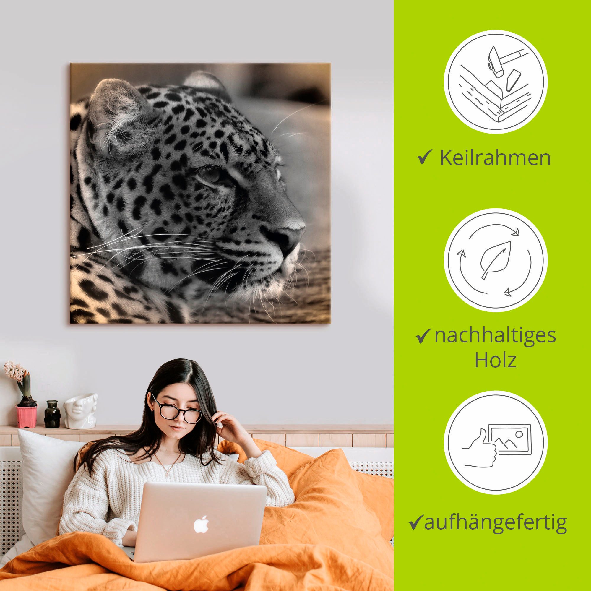 Artland Artprint op linnen Luipaard profiel gespannen op een spieraam