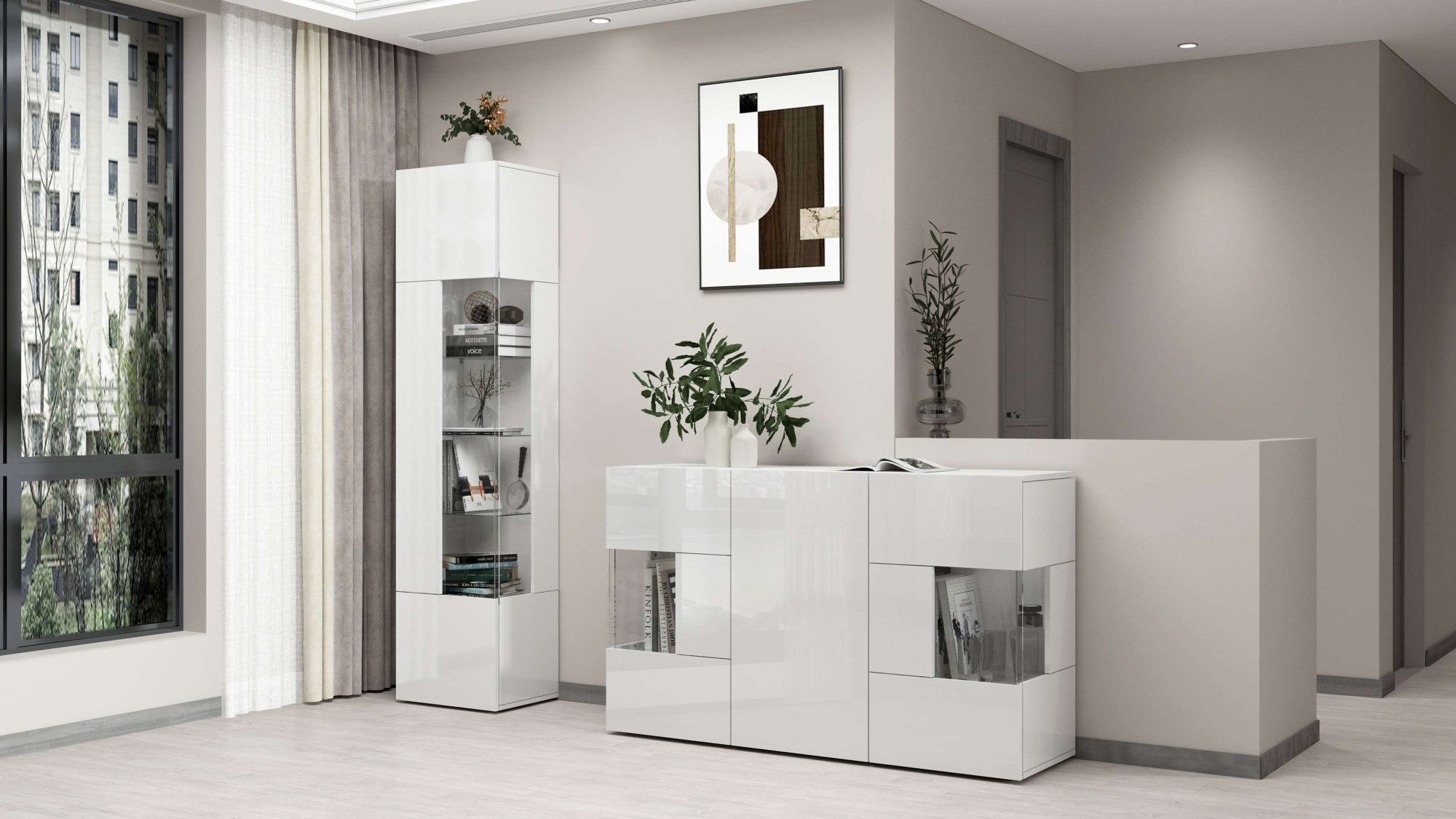 INOSIGN Dressoir Egypte, Ladekast, Kast, Buffet, Vitrine greeploos 3 deuren waarvan 2 met glaselement, volledig hoogglans gelakt breedte 135