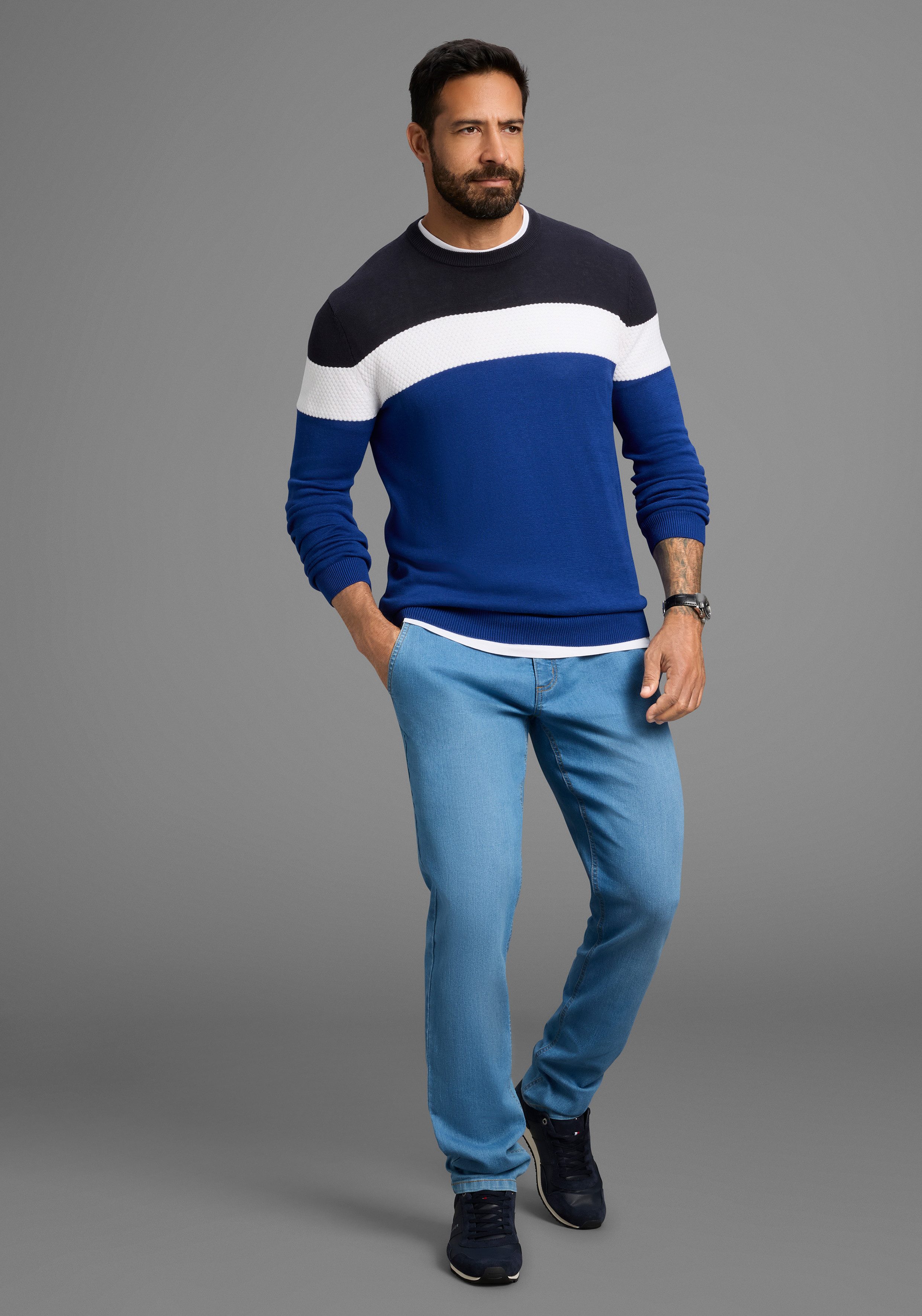 H.I.S Trui met ronde hals Nieuwe kleuren! Colourblocking, in lichte tricotkwaliteit