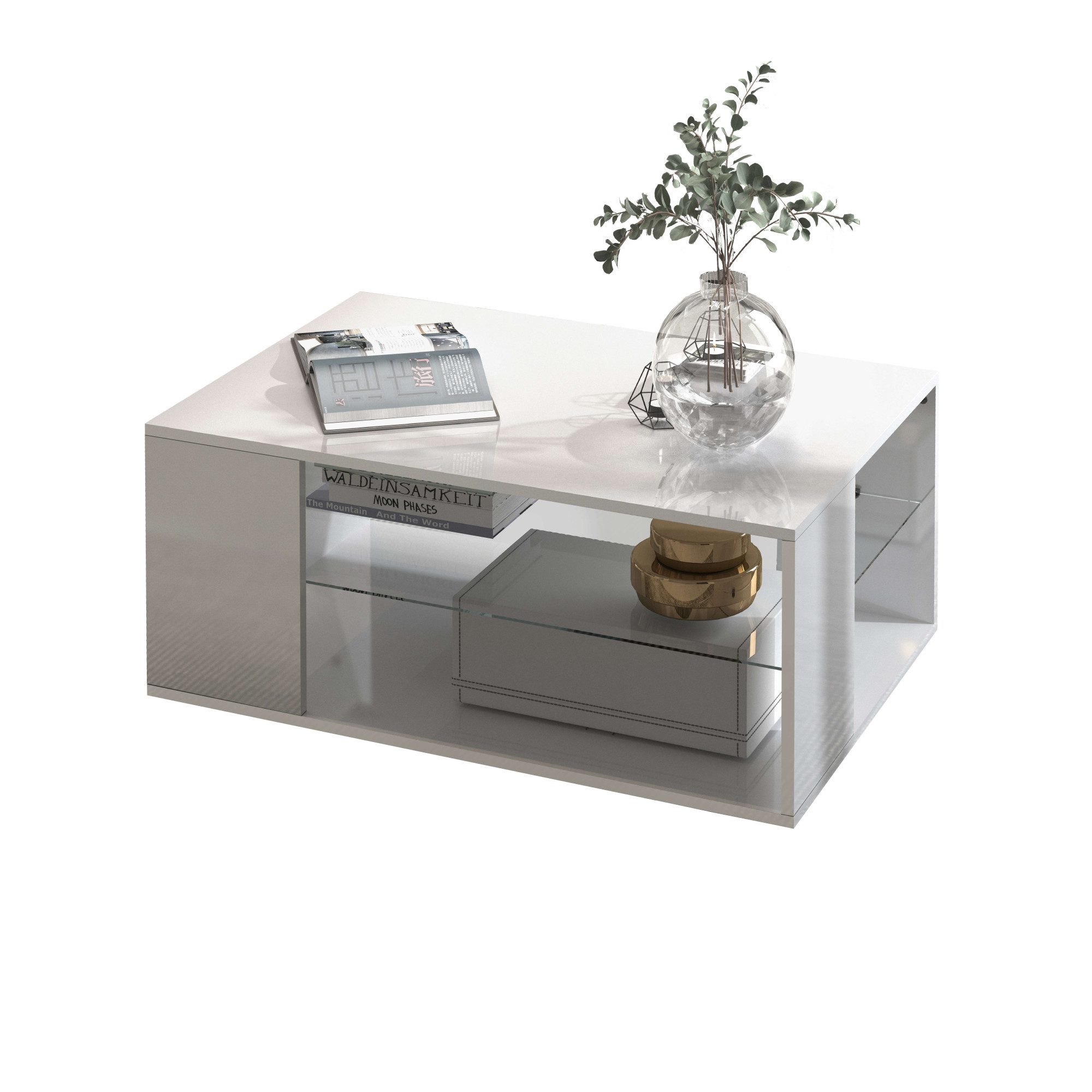 INOSIGN Salontafel Egypt salontafel, salontafel Van glanzend wit gelakt hout, met glazen plank, rechthoekig, breedte 90 cm (1 stuk)