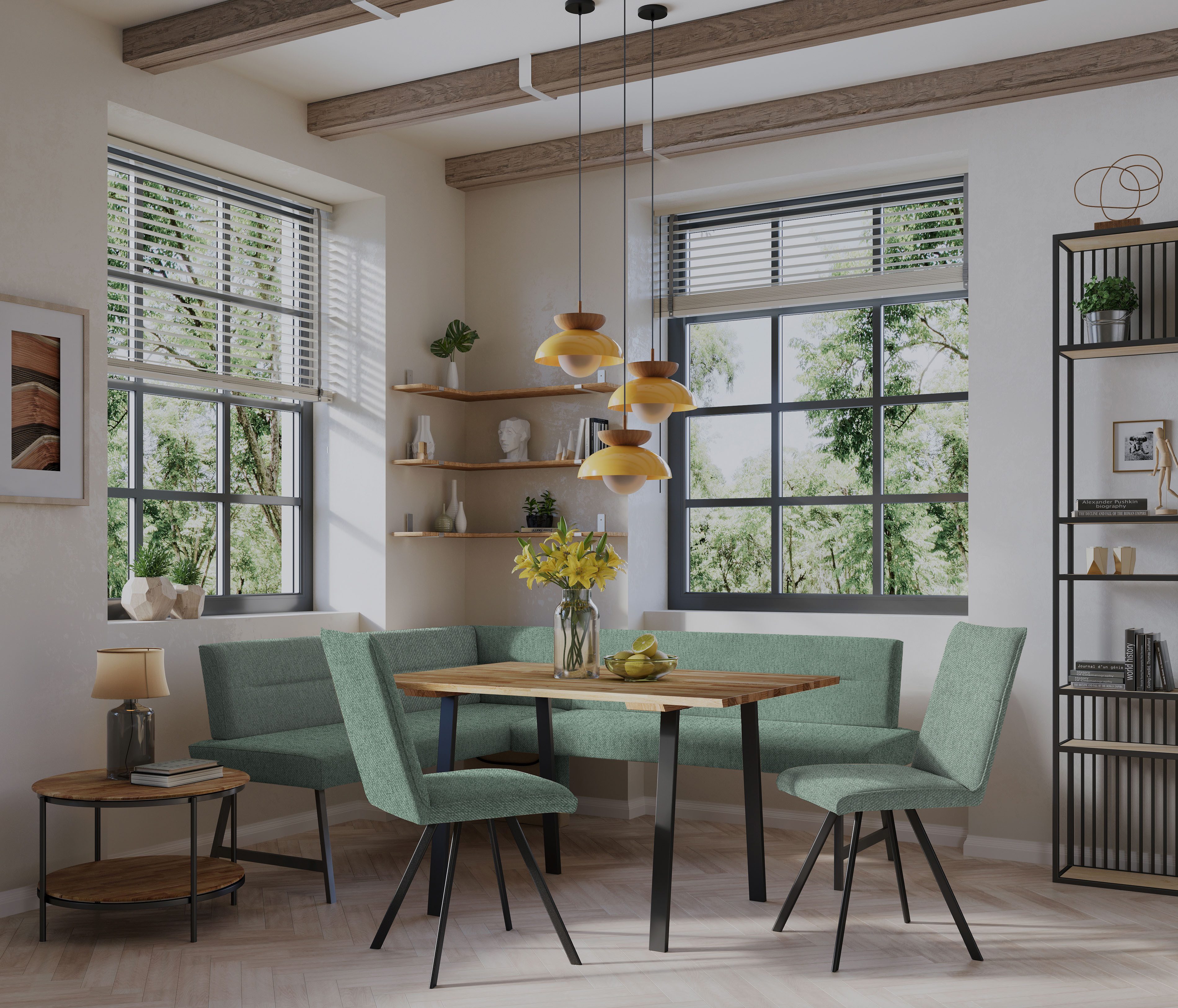 Home affaire Eethoek Sava Hoekbank met nosagvering in de zitting, massief eiken tafel (set, 4-delig)