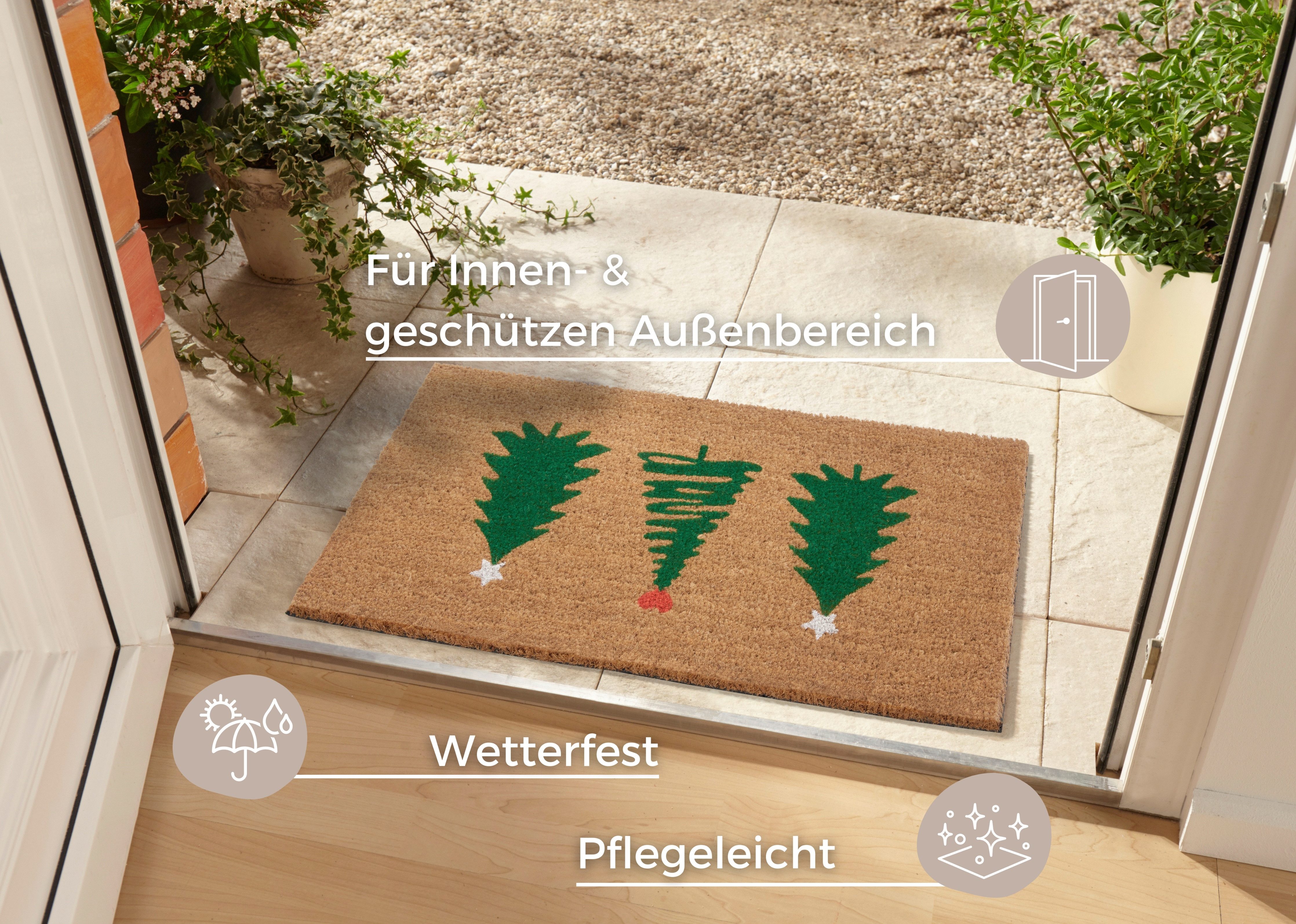 HANSE Home Mat Mix Mats Kokos Decorated Pine Trees Kerstmis, vuilafstotende mat, buiten, antislip, binnen, kokosmat