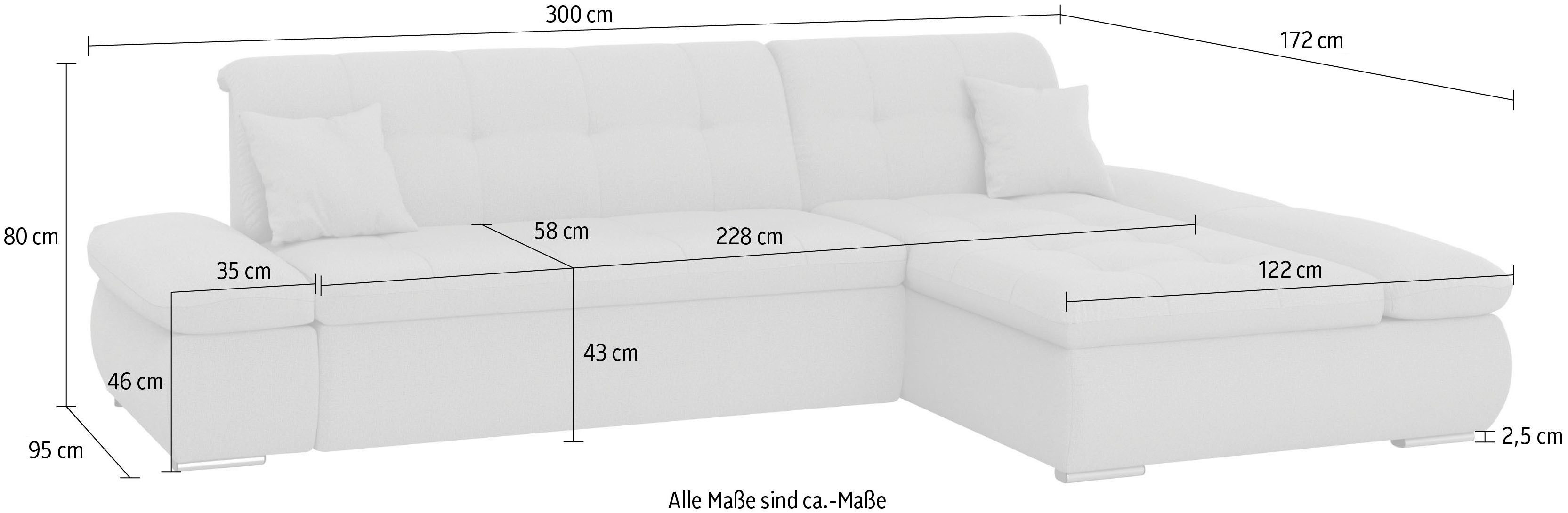 DOMO collection Hoekbank Moric Luxe - BxDxH 300x172x80 cm, XXL-formaat L-vorm, 140kg belasting/zitplaats, in cord, chenille, kunstleer