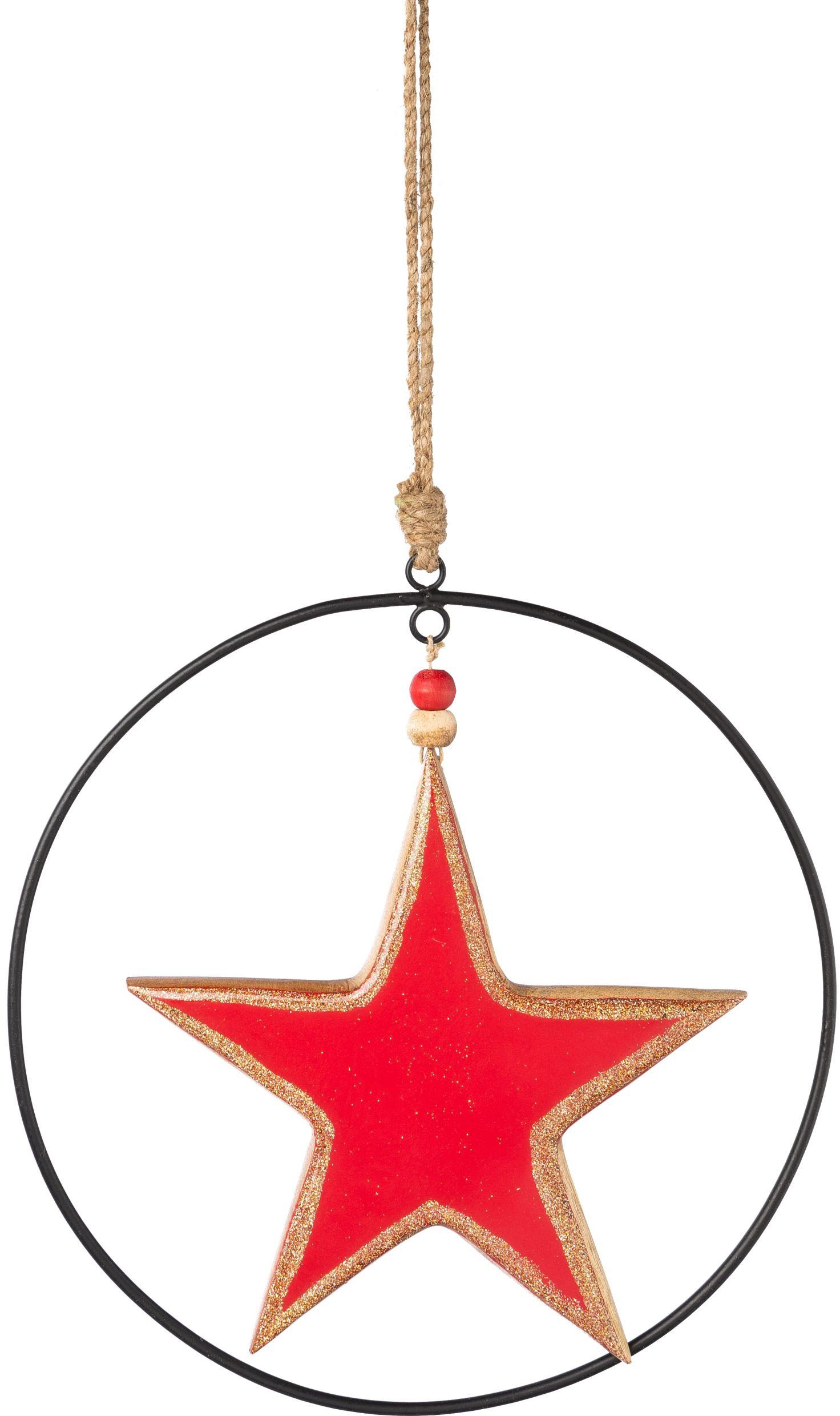 Creativ deco Sierster Kerstster, kerstversiering rood met emaille-lak en metalen ring, diameter ster 20 cm (2 stuks)