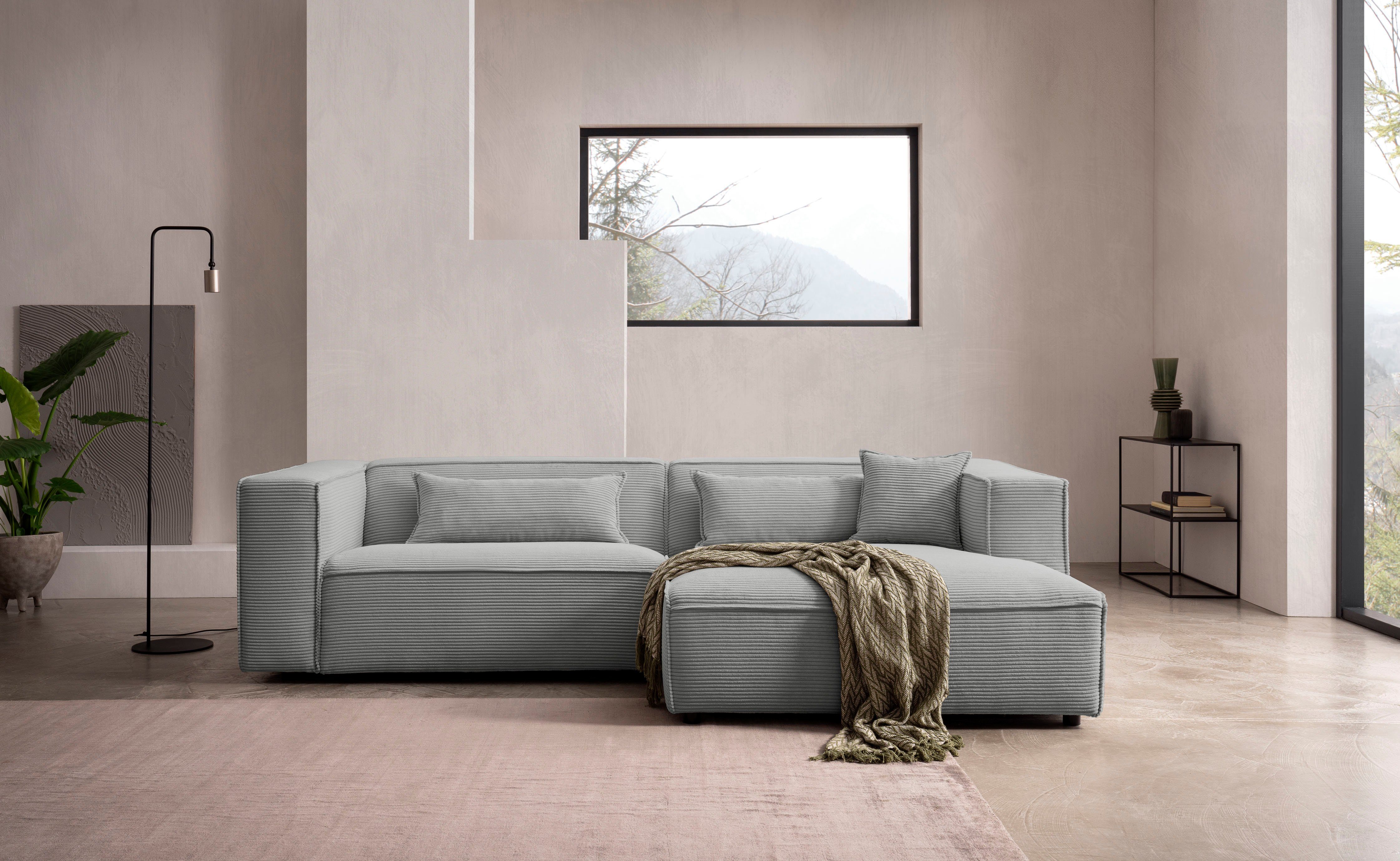LeGer Home by Lena Gercke Hoekbank PIARA met biesnaad in cord of linnenlook, moderne bank in L-vorm keuze ottomaan rechts/links, zwarte voeten, comfortabel zitcomfort