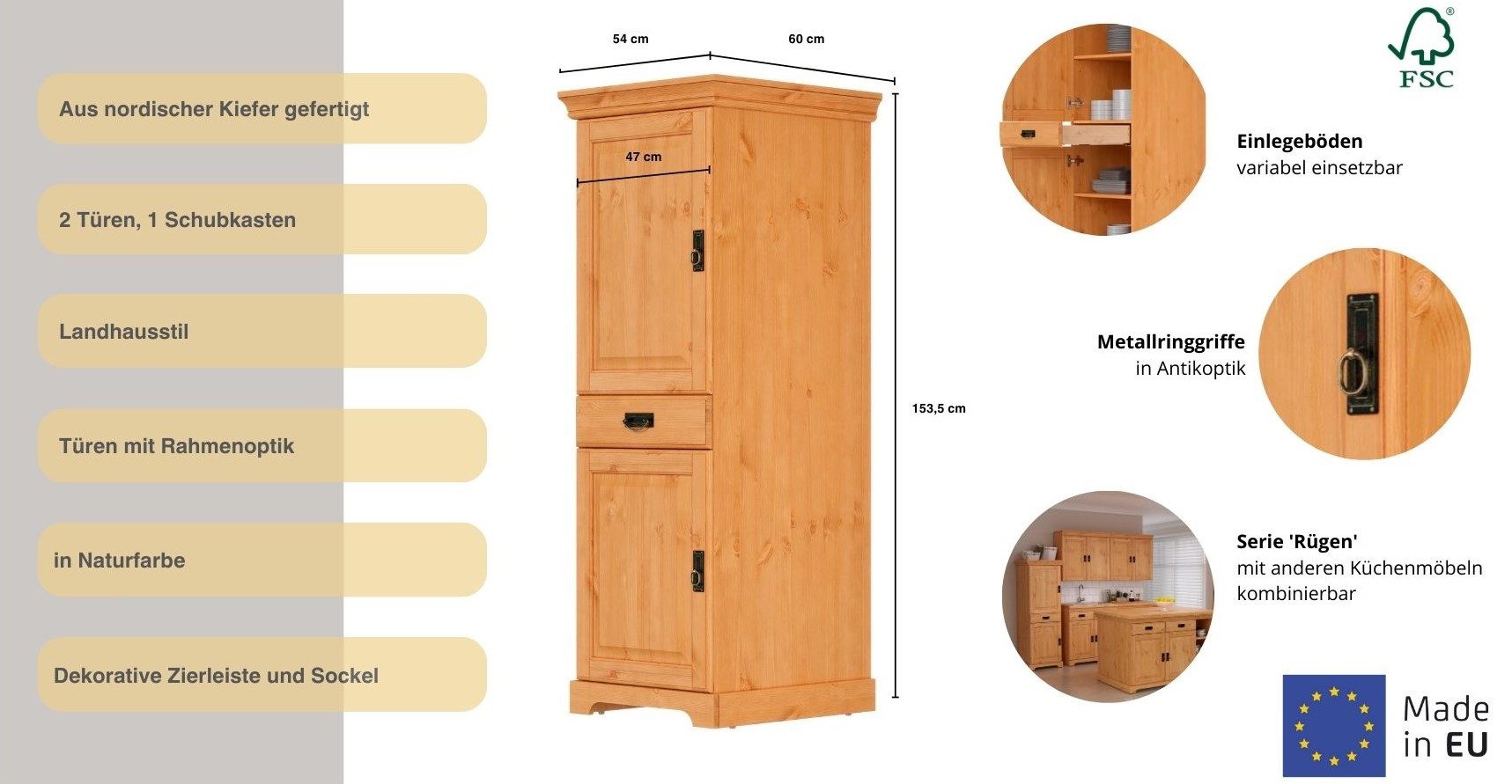 Home affaire Provisiekast Rügen Breedte 47 cm, massief grenen, 2 deuren, 1 lade