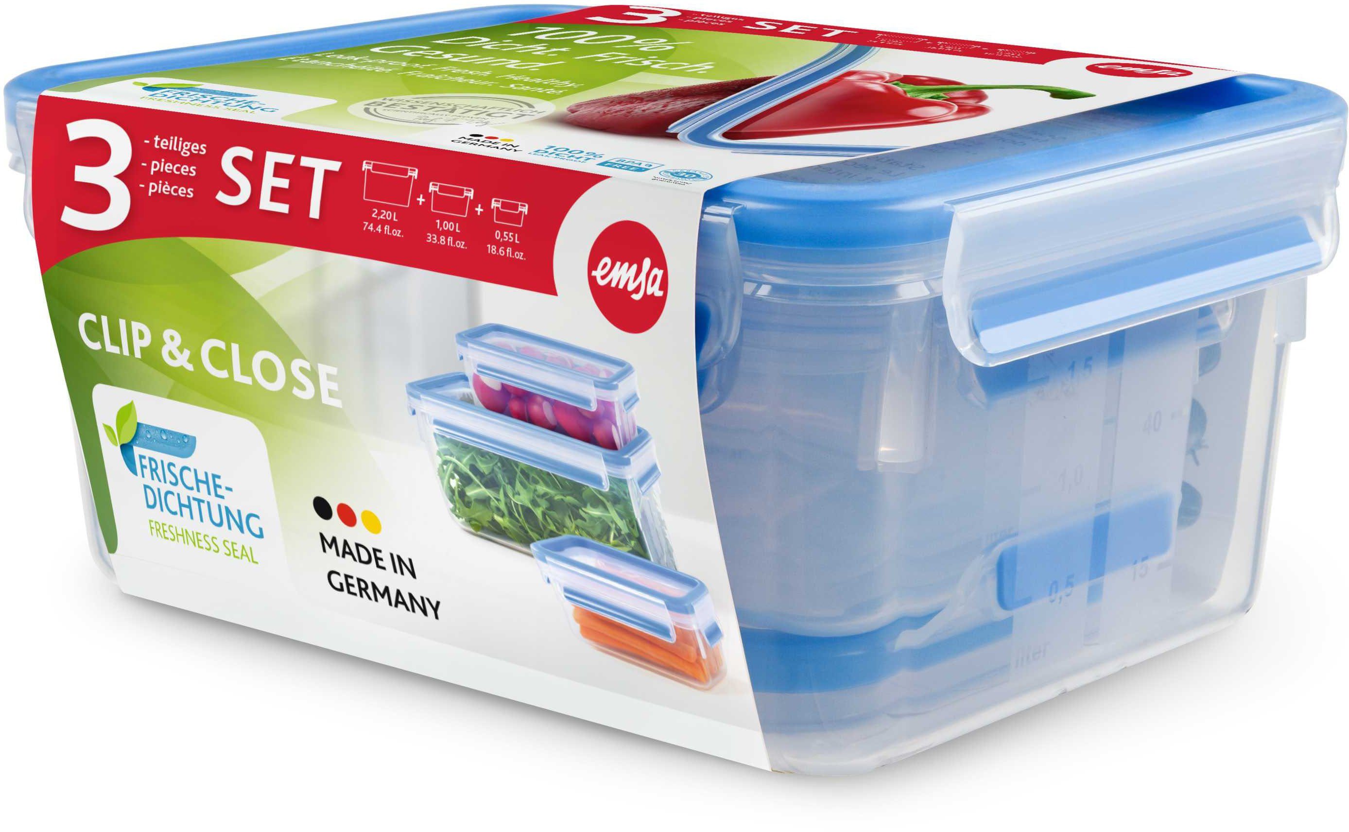 Emsa Vershoudtrommel Clip & Close 0,55/1/2,2l, lekvrij, hygiënisch, innovatieve dektechnologie (set, 3-delig)