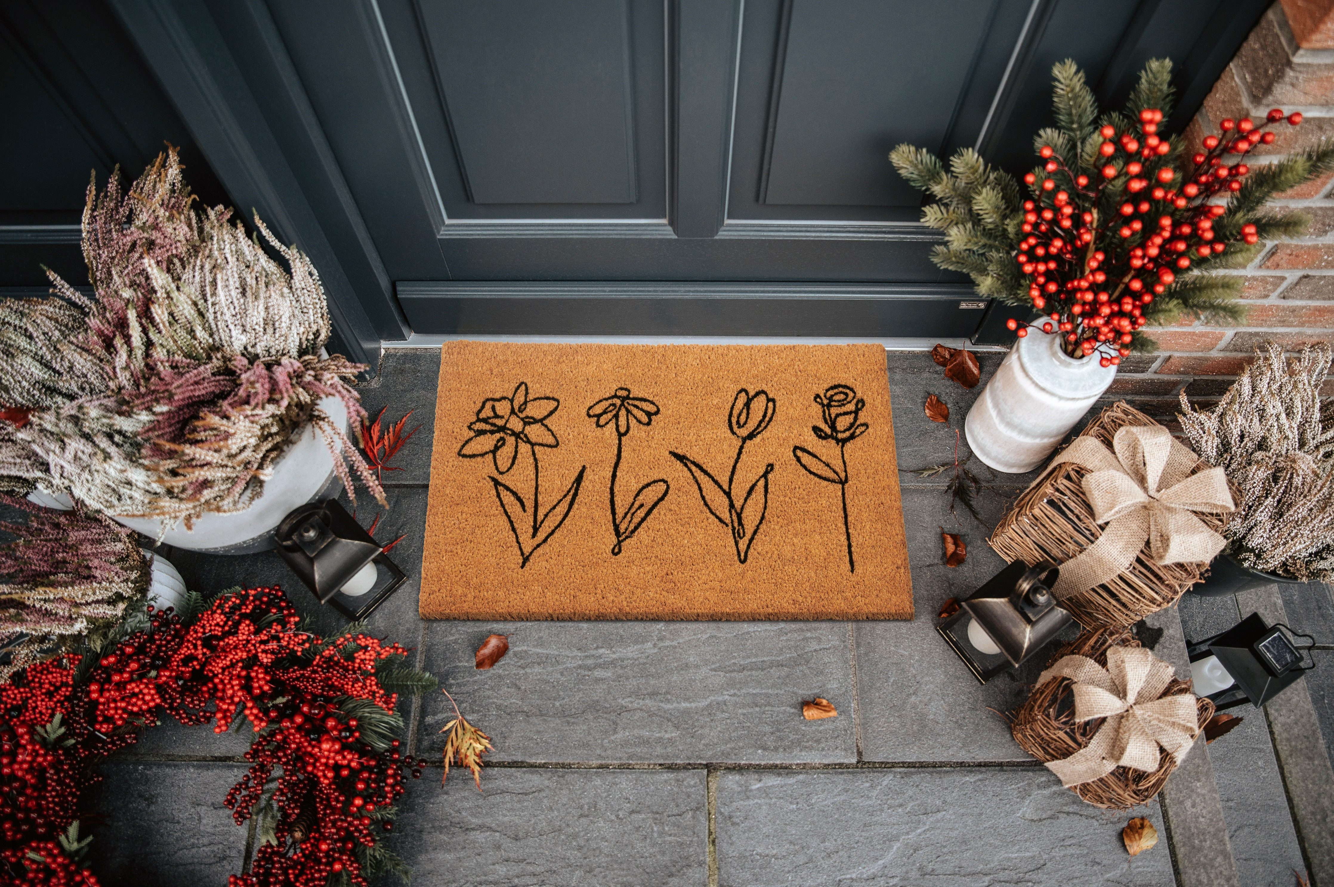 HANSE Home Mat Kokos Line-Art Flowers, deurmat Vuilafstotende mat, antislip, buiten, binnen, buiten, kokosmat, gang