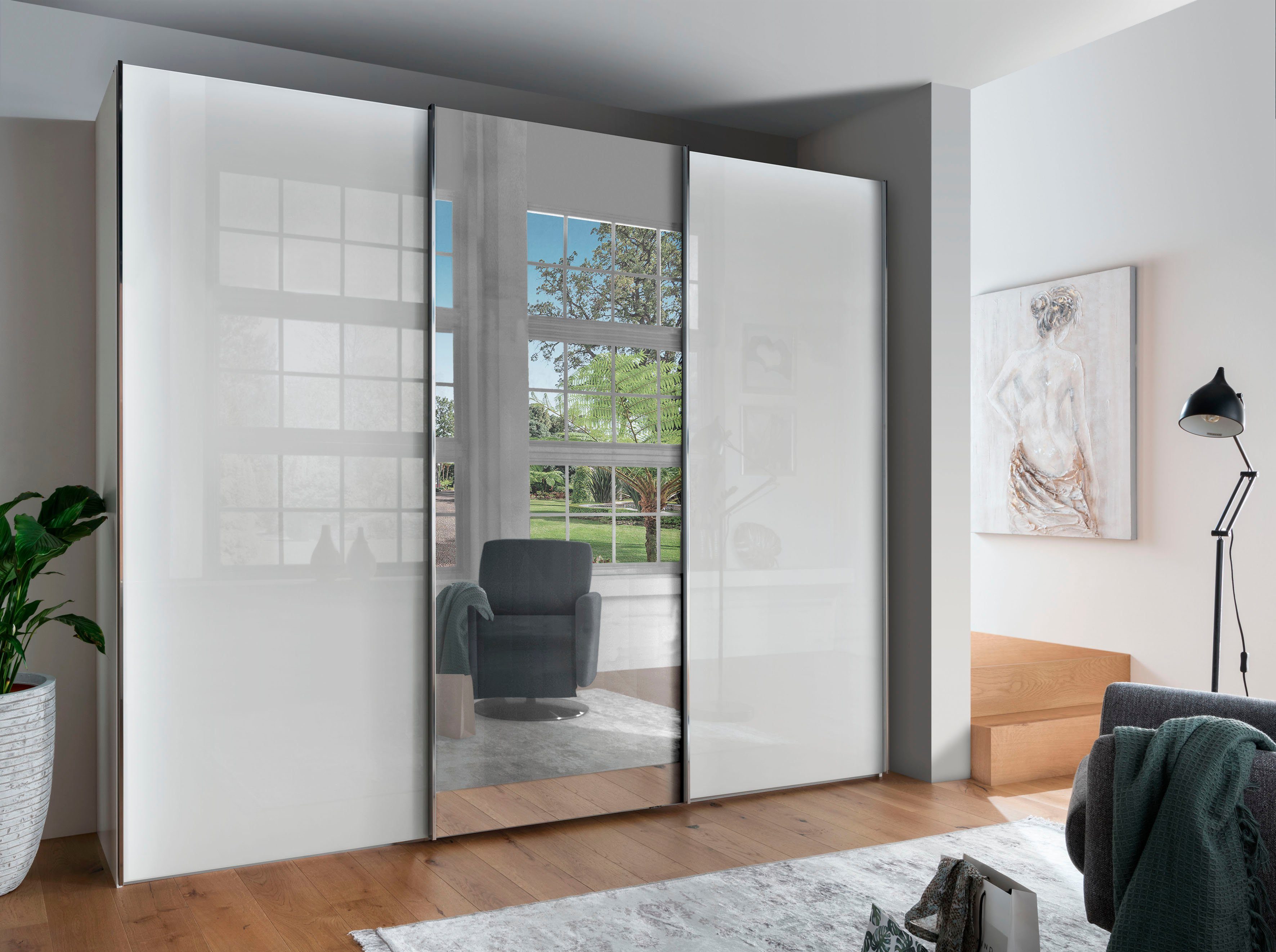 WIEMANN Zweefdeurkast Monaco, Kledingkast, Kast, Linnenkast, met schuifdeuren hoogwaardige glazen en spiegelvoorkant, variabele binnenindeling