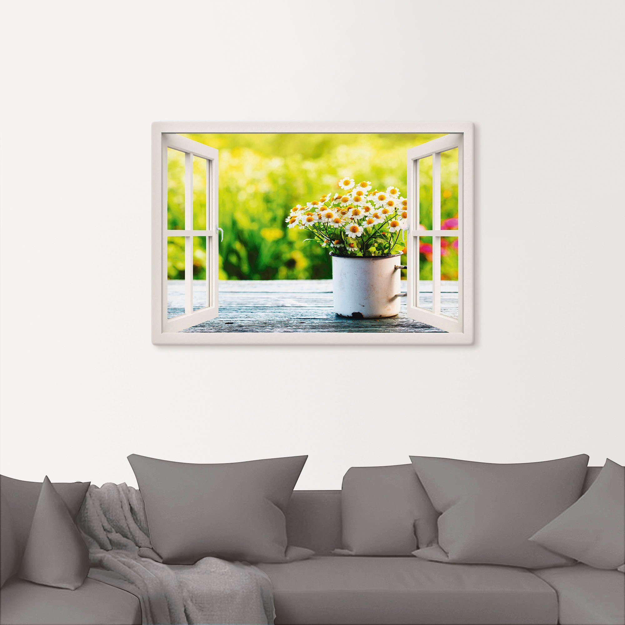 Artland Artprint Blik uit het venster tuin met madeliefje als artprint van aluminium, artprint op linnen, muursticker, verschillende maten