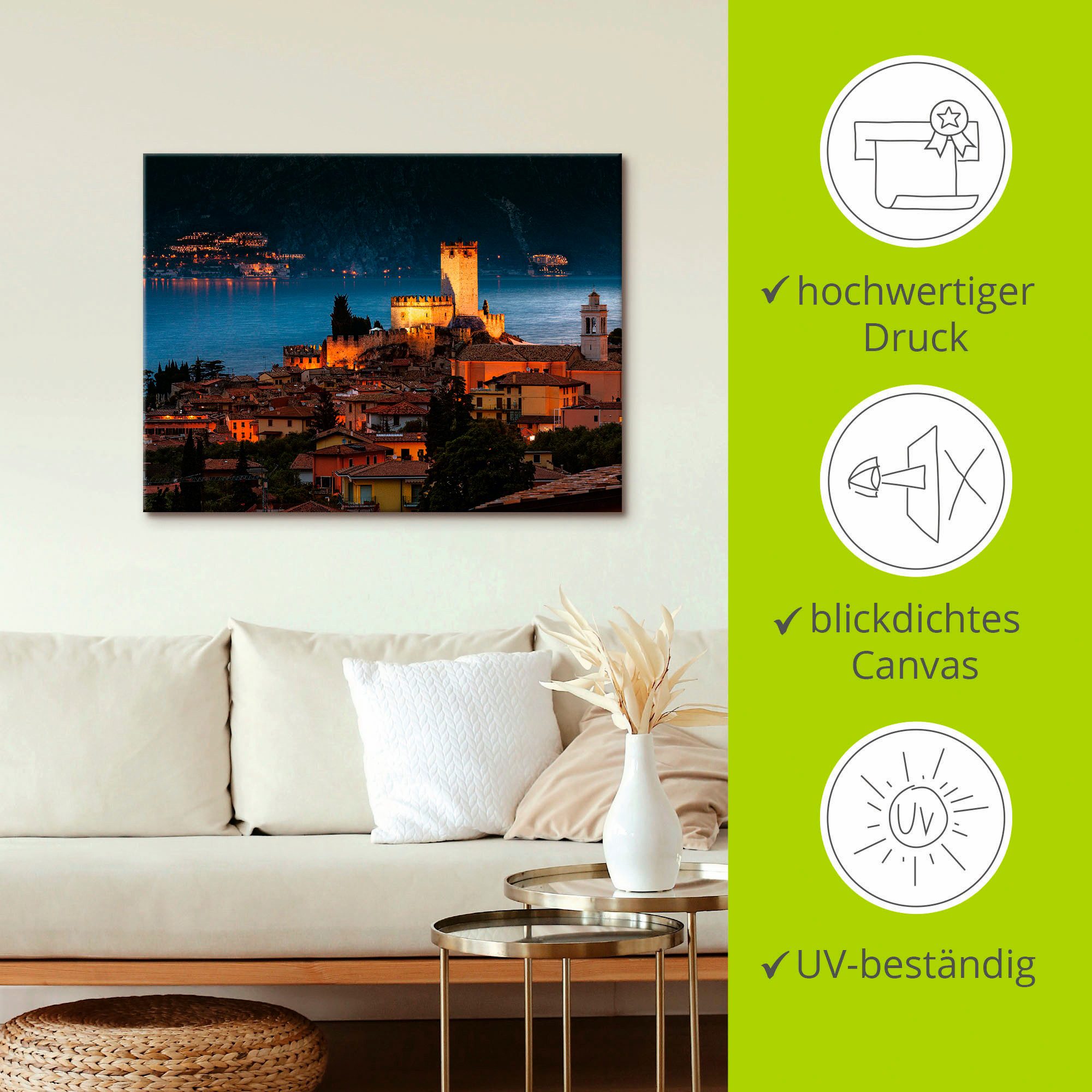 Artland Artprint op linnen Boven de daken van Malcesine