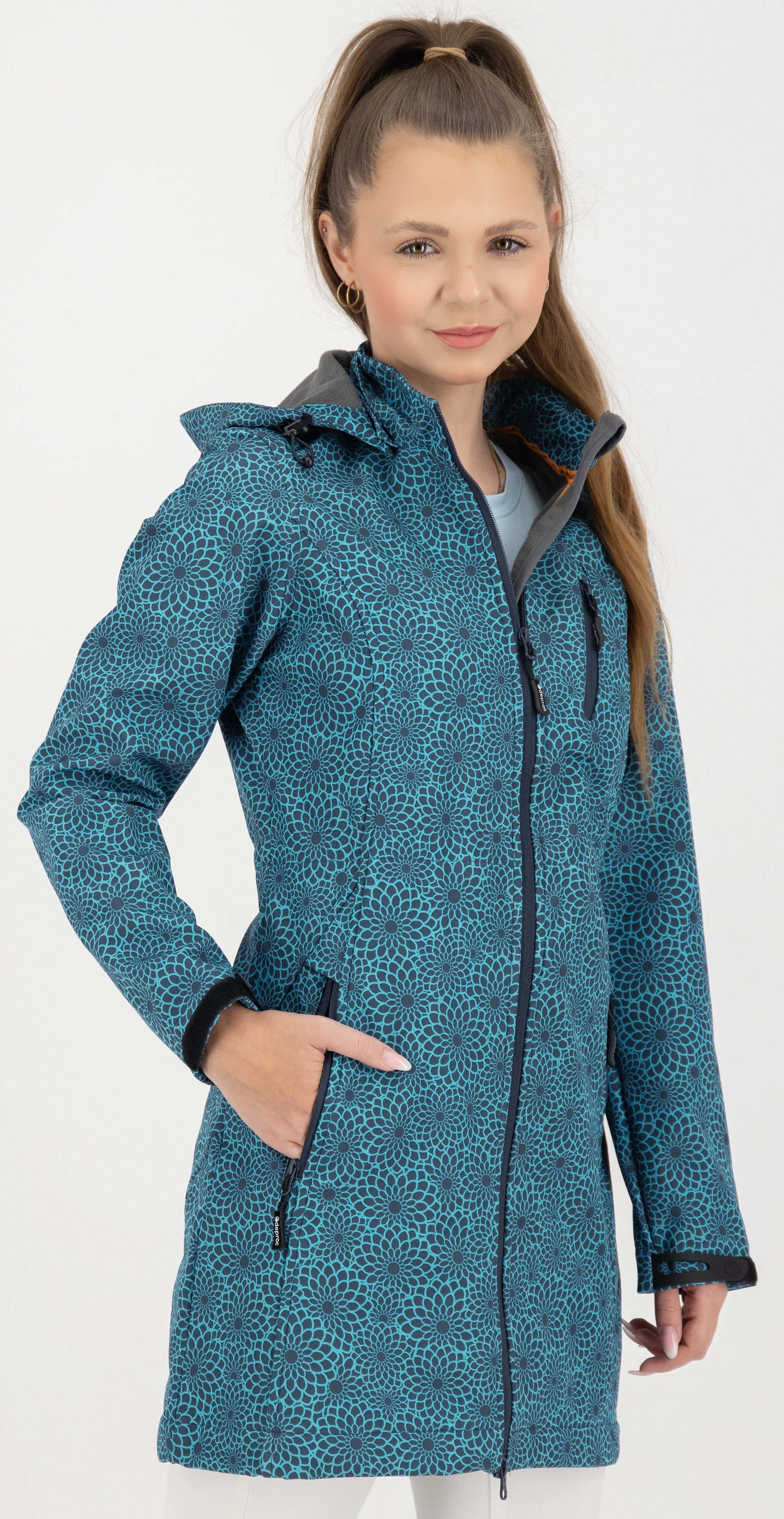 DEPROC Active Softshell-jack SHELBY LONG lichte softshell korte mantel met afneembare capuchon
