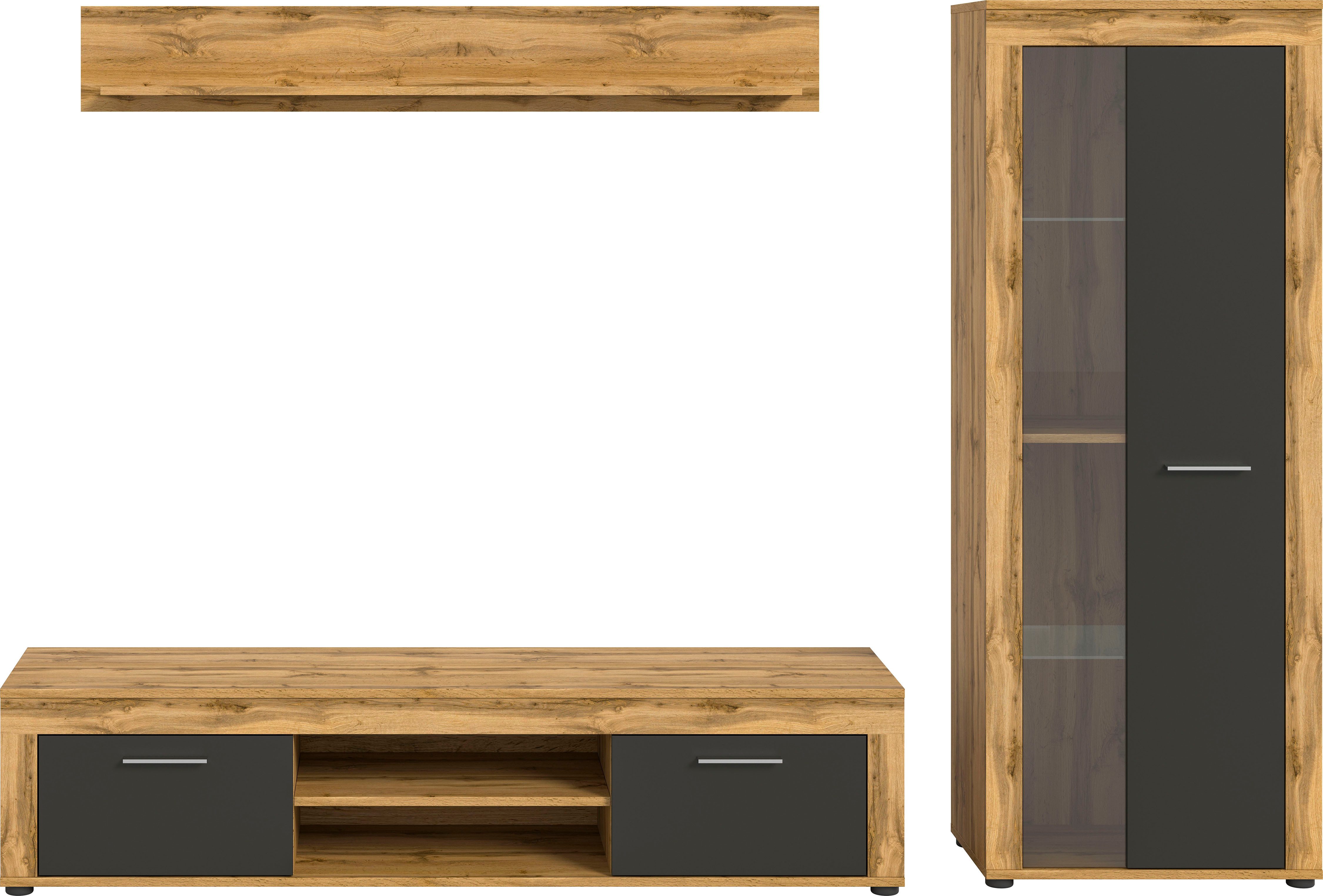 INOSIGN Wandmeubel Aosta, Breedte 235cm, bestaand uit Lowboard, Wandplank, Vitrine Woonwand, combinatie, opbouwwand, meubelset, kastwand, meubelcombi (3-delig)