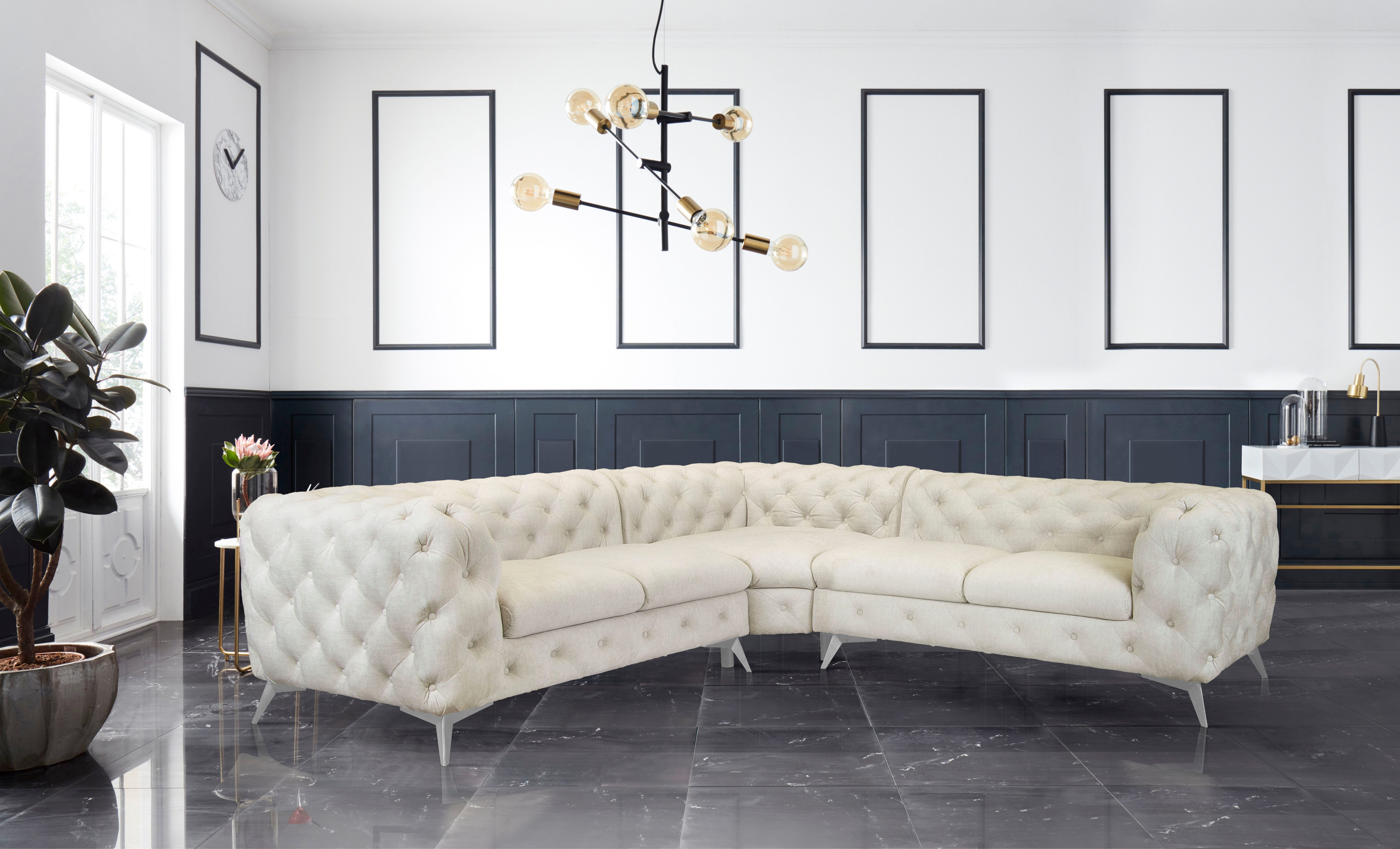 Leonique Chesterfield-bank Glynis L-vorm luxueuze capitonnage, moderne chesterfield look, kleur van de poten ter keuze