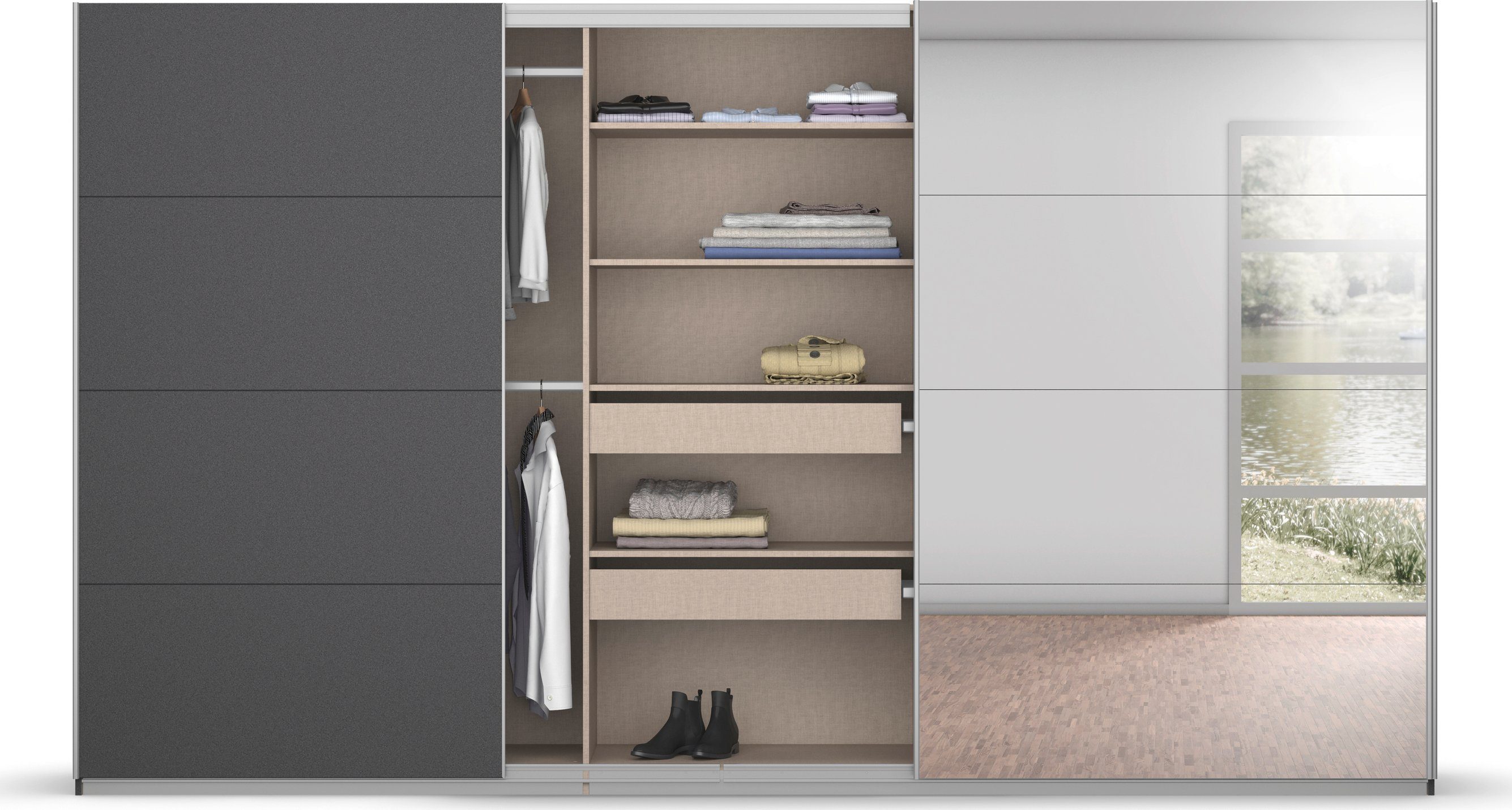rauch Zweefdeurkast Kledingkast kast garderobe BESTSELLER KOLUNA met spiegel inclusief 2 binnenladen en extra legplanken made in germany