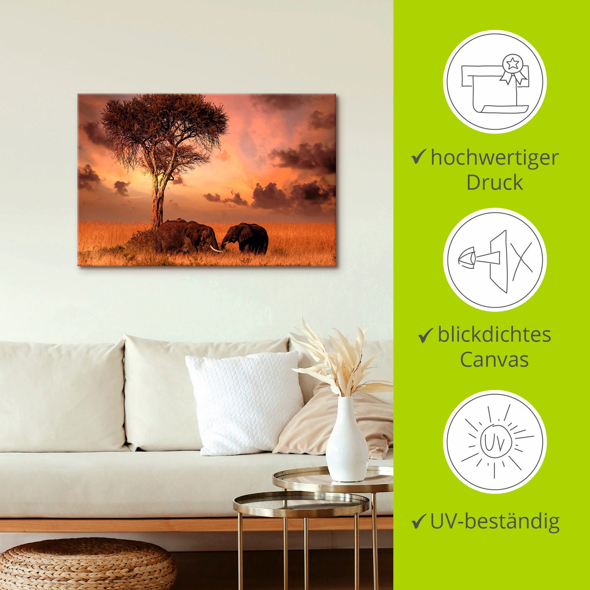 Artland Artprint Olifanten bij het avondeten als artprint op linnen, muursticker in verschillende maten