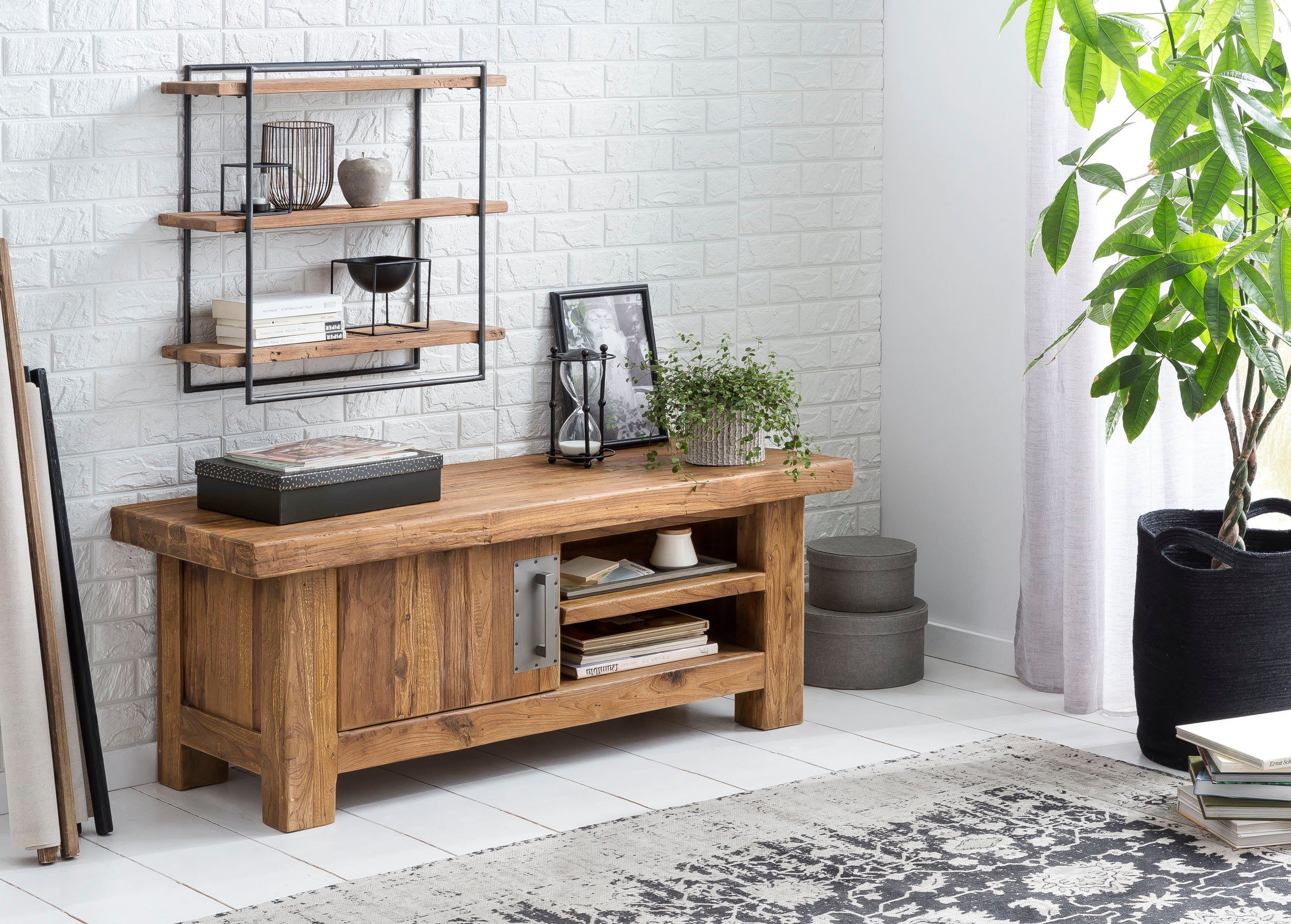 SIT Wandplank Romanteaka van gebruikt teakhout en metaal, shabby chic, vintage