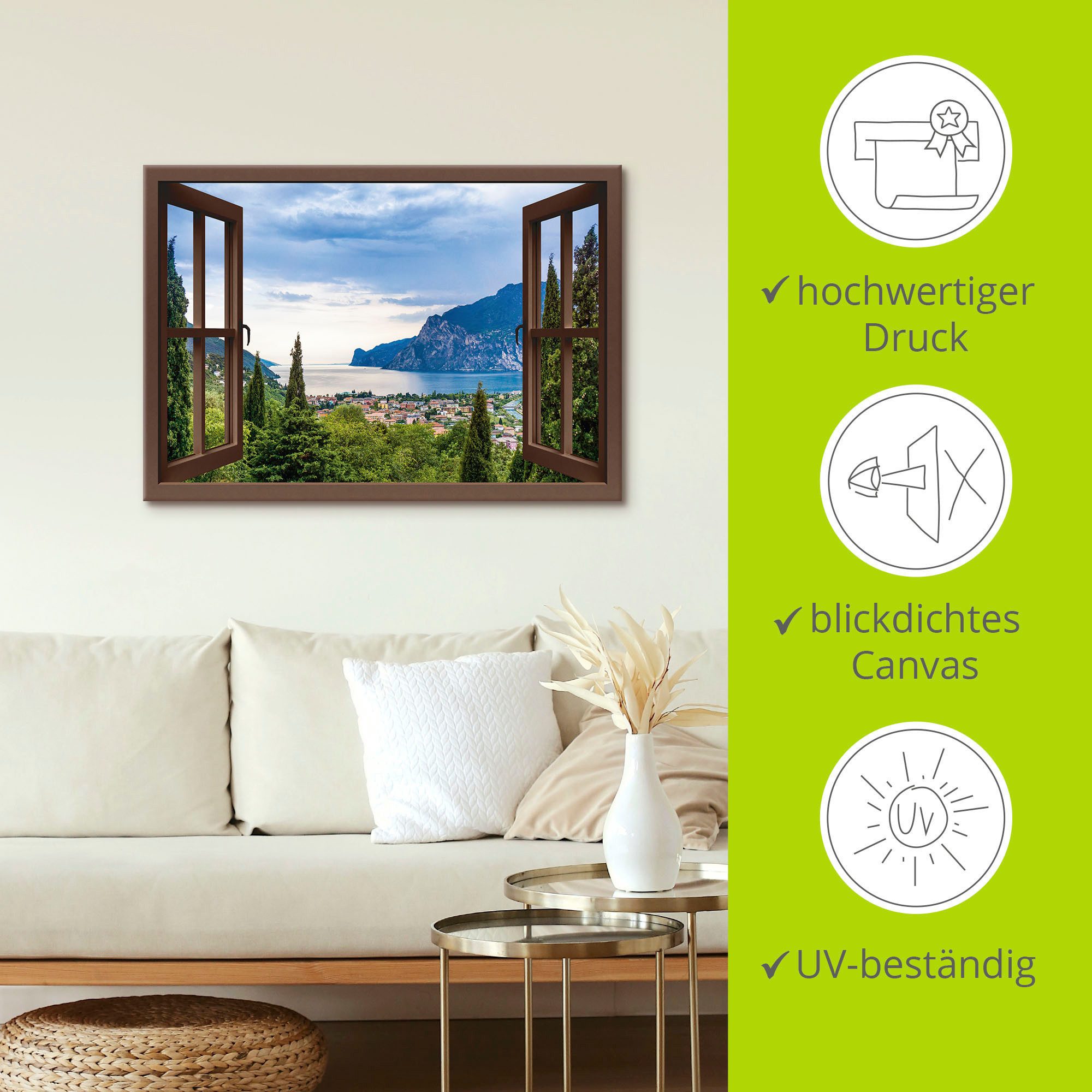 Artland Artprint Gardameer door het bruine raam als artprint van aluminium, artprint voor buiten, artprint op linnen, poster in verschillende maten. maten