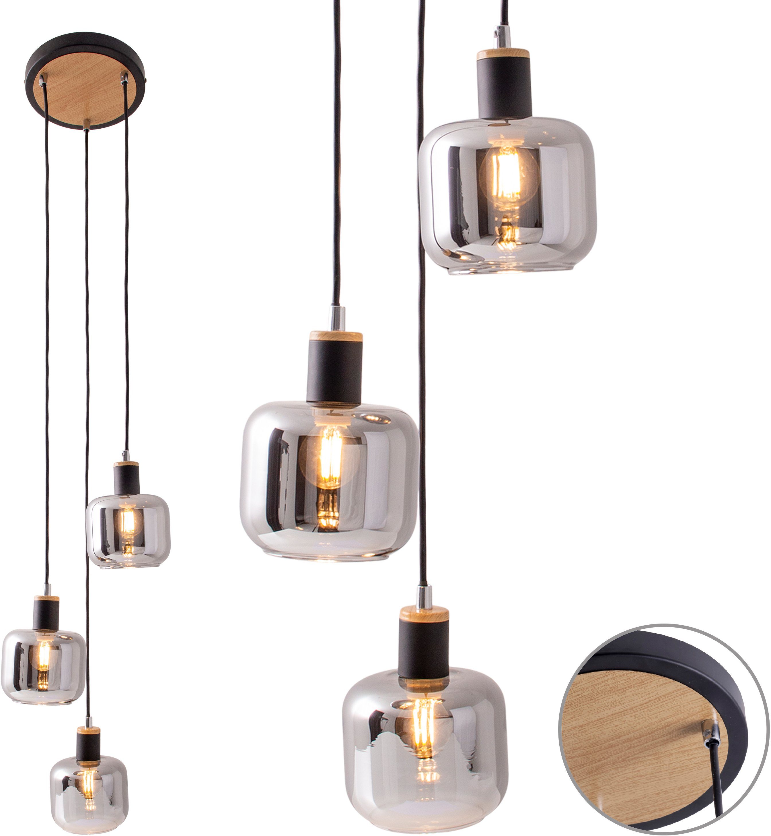 näve Hanglamp Fumoso Glas kappen donker getint (rooklook) 3xE14 hoogte 123 cm zwart natuur