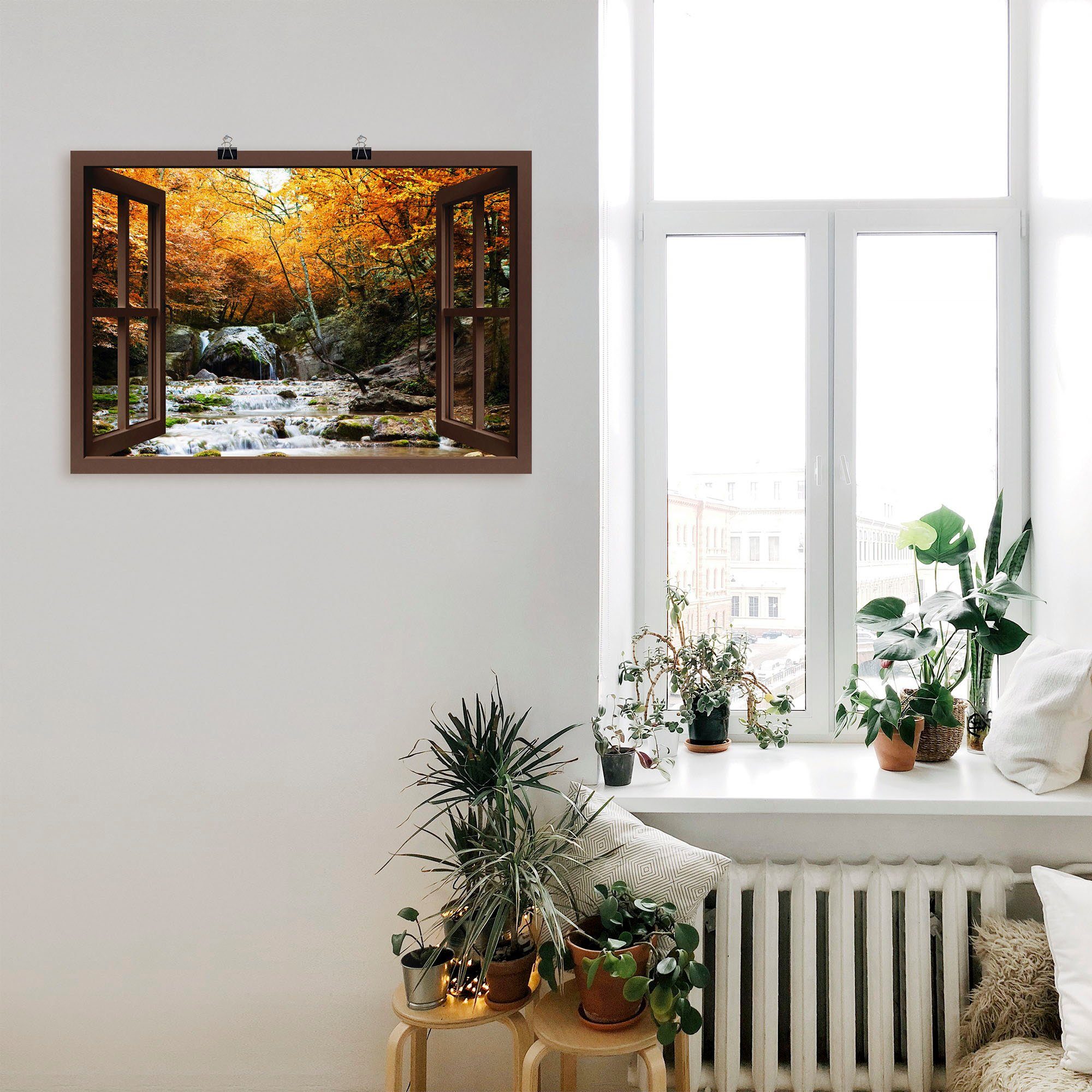 Artland Artprint Blik uit het venster - herfstige waterval als artprint op linnen, muursticker of poster in verschillende maten
