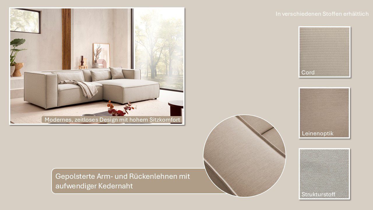 LeGer Home by Lena Gercke Hoekbank PIARA met biesnaad in cord of linnenlook, moderne bank in L-vorm keuze ottomaan rechts/links, zwarte voeten, comfortabel zitcomfort
