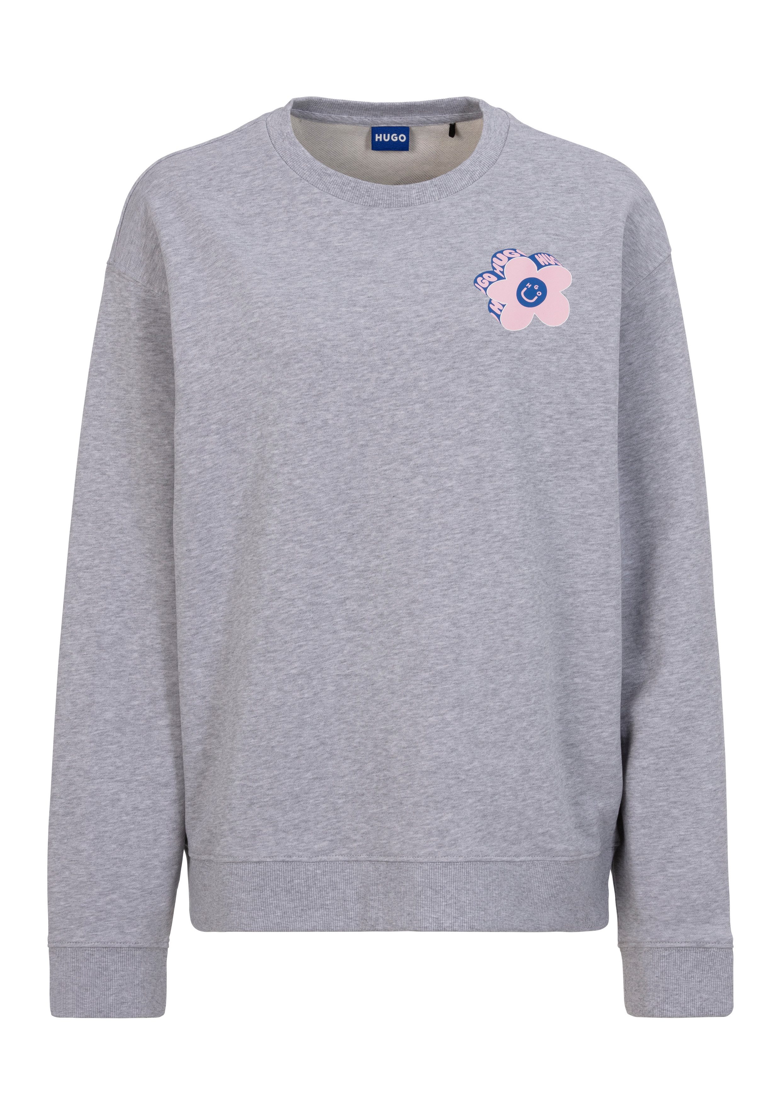 HUGO Blue Sweatshirt Oversized crew met bloemenprint op de achterkant, straß logo print