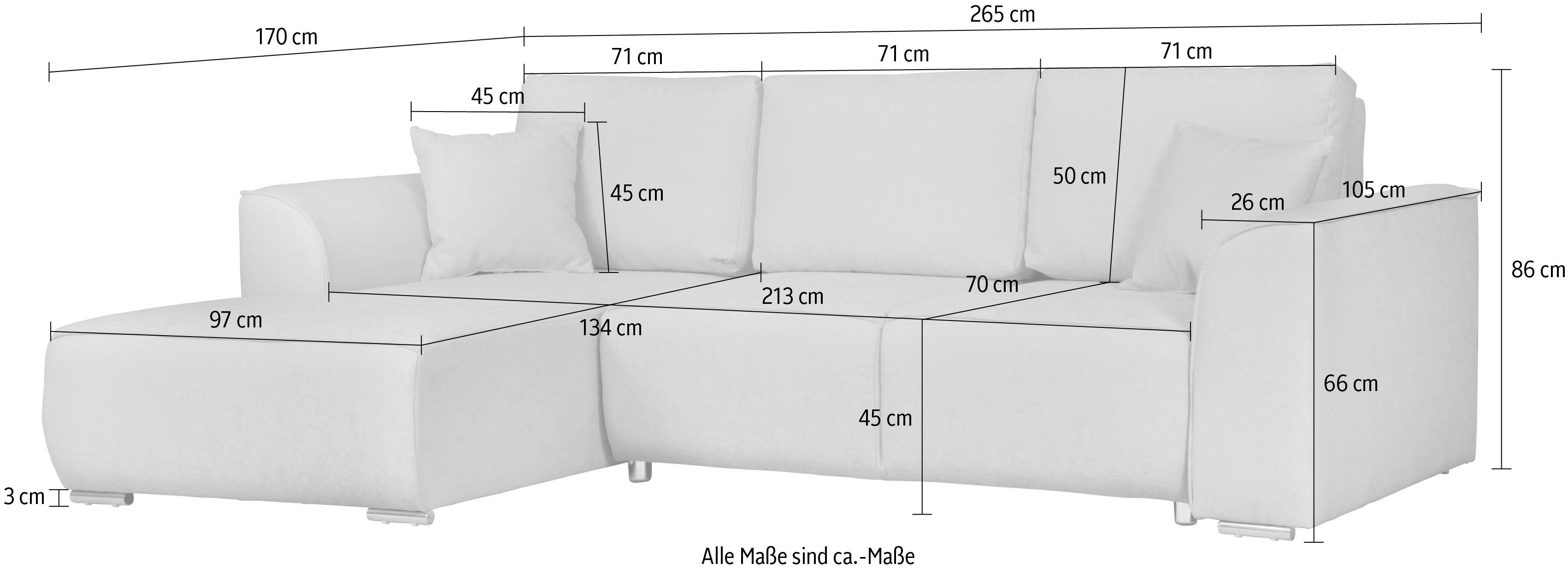 INOSIGN Hoekbank BEATRICE optionele slaapbank met bedlade, B/D/H: 265/170/86 cm