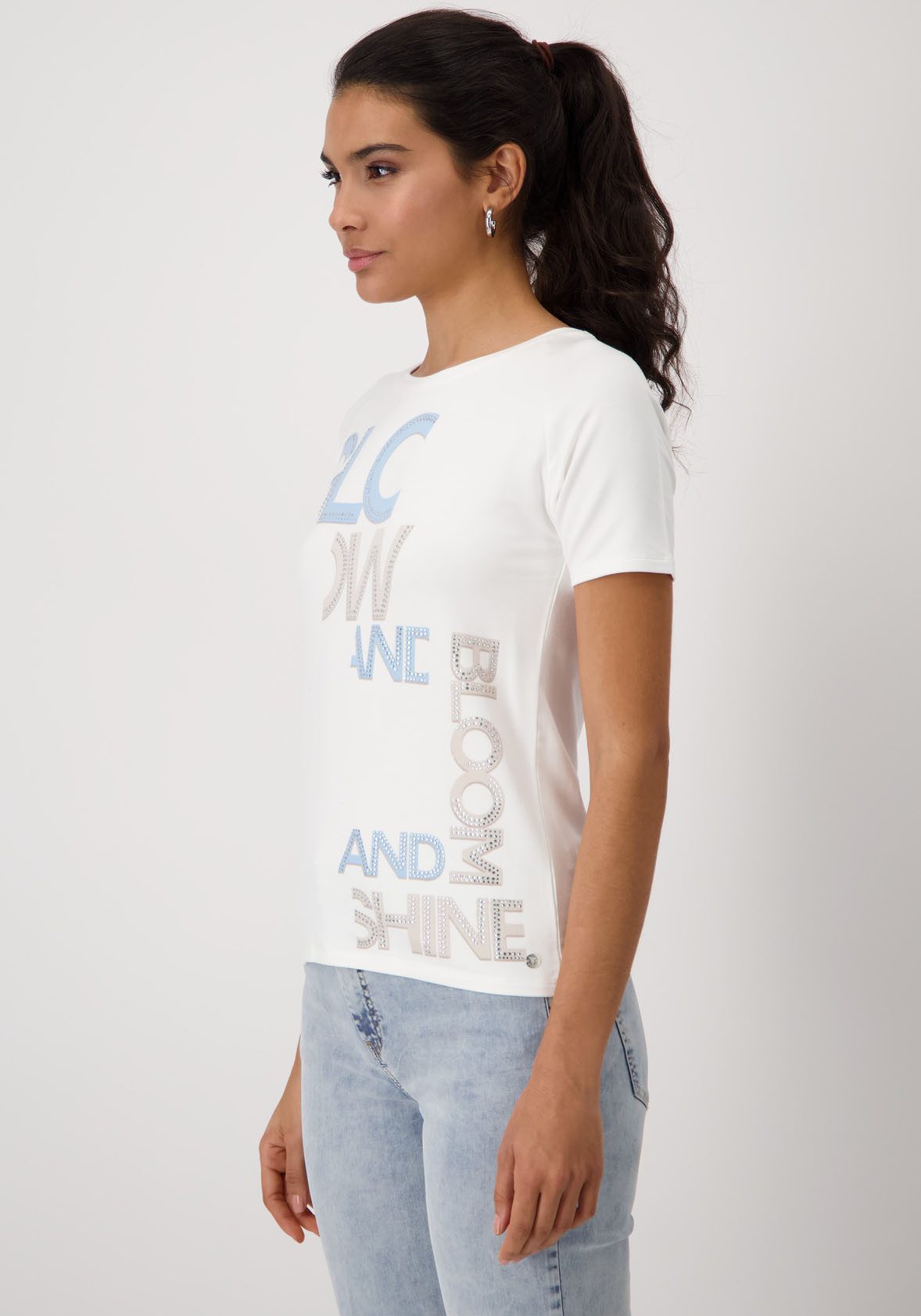 Monari Shirt met ronde hals Shirt Schmuckschrift met letterprint en glinstersteentjes